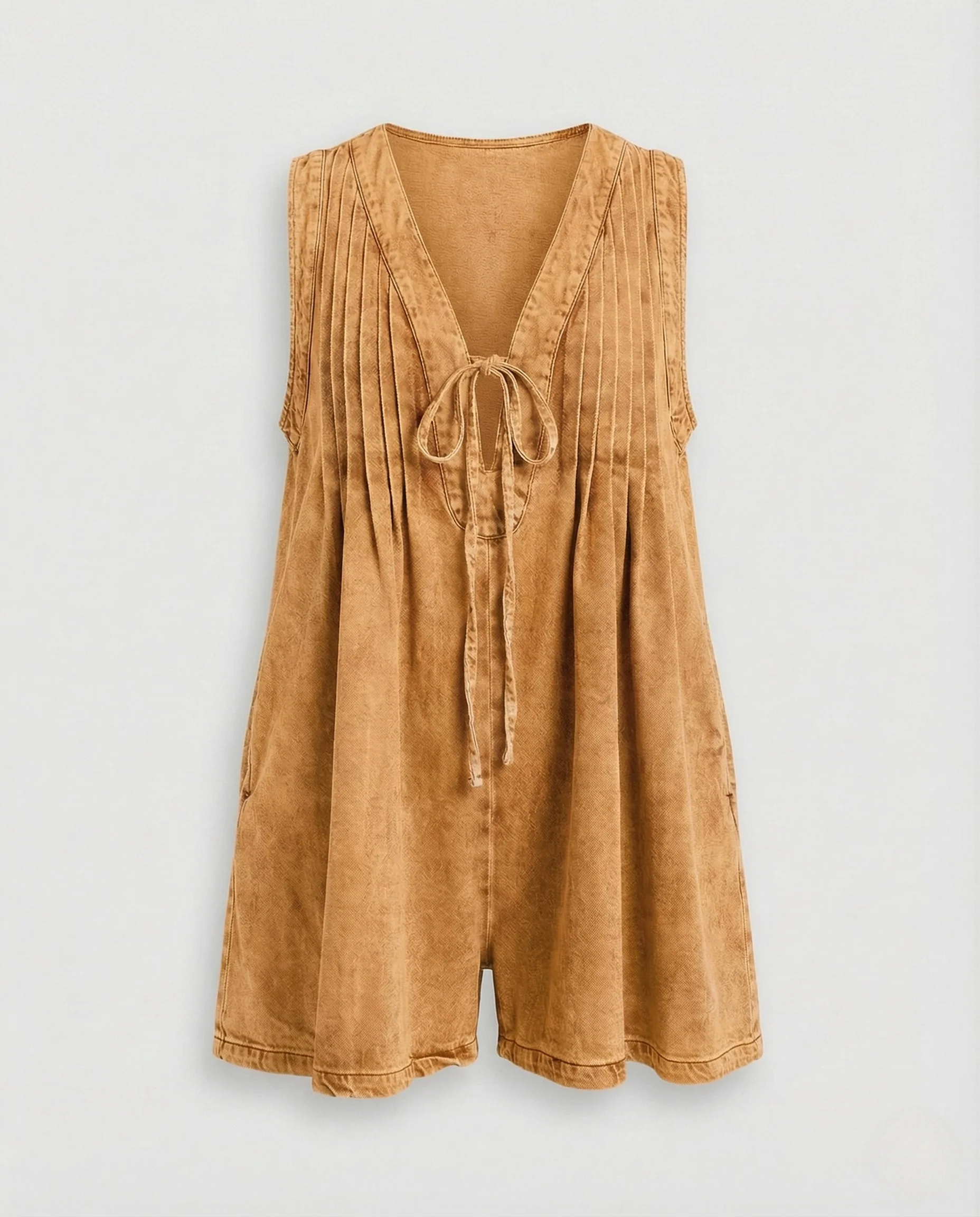 Damen ärmelloser Sommeroverall V-Ausschnitt Bindegürtel Taschen - Image 8