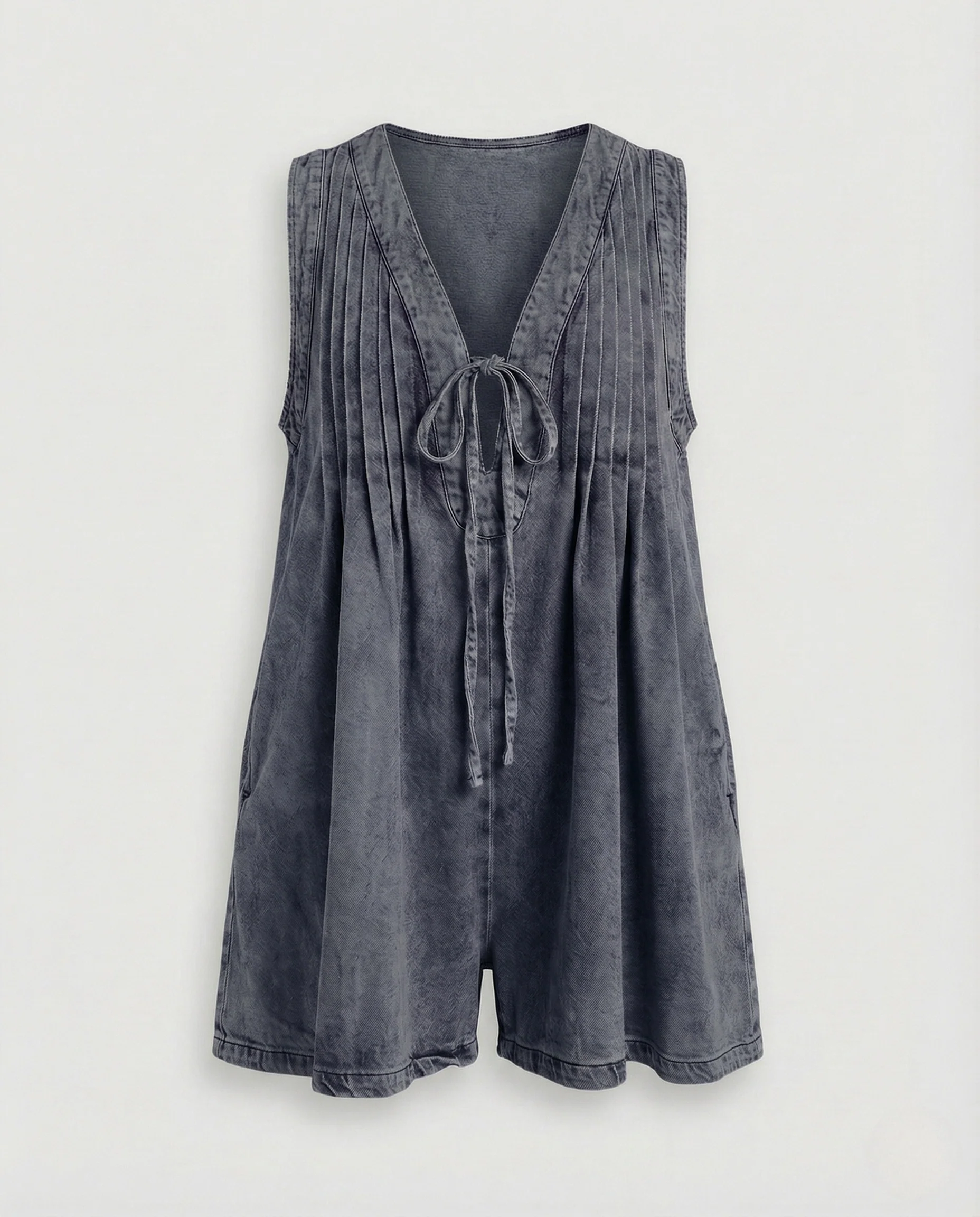Damen ärmelloser Sommeroverall V-Ausschnitt Bindegürtel Taschen - Image 9