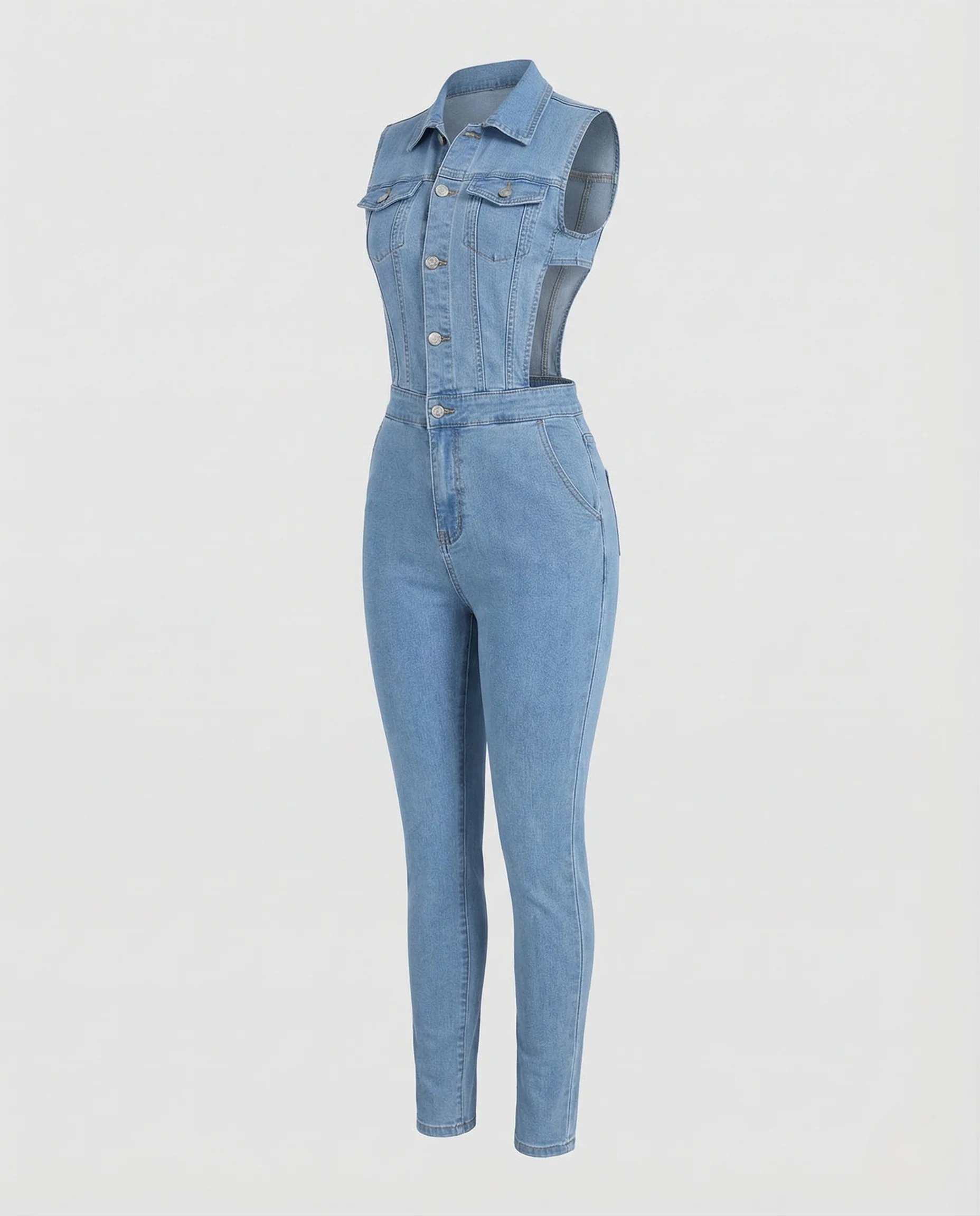 Damen Jeans Jumpsuit Ärmellos Tailliert Cutout - Image 4