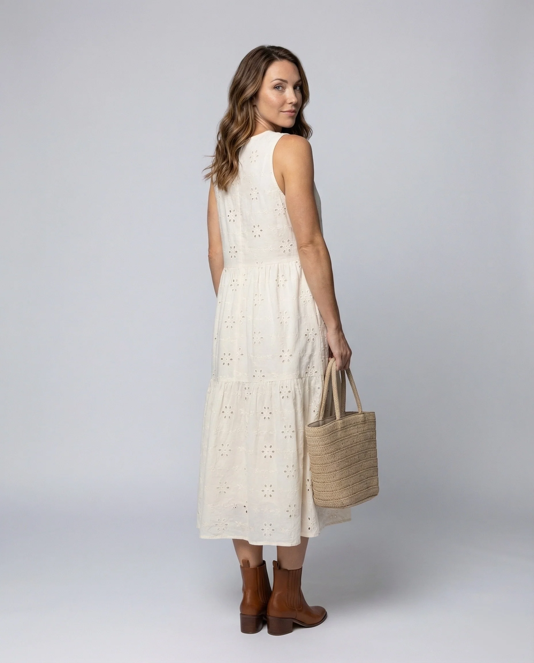 Damen Ärmelloses Broderie A-Linien Kleid mit Taschen - Image 3
