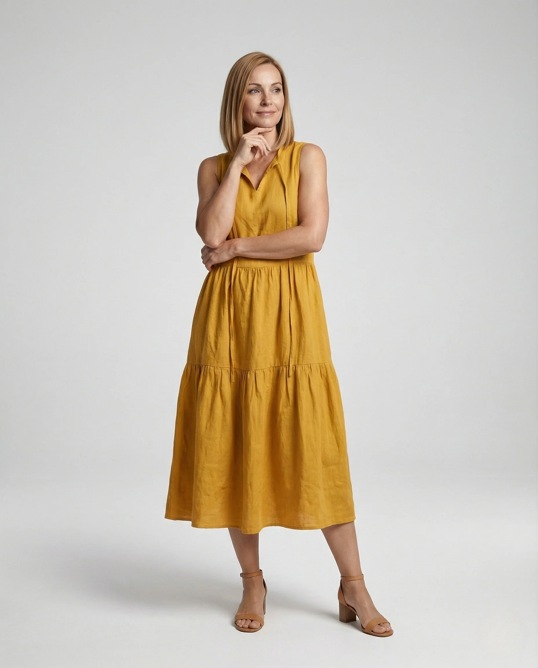 Damen Ärmelloses Leinenoptik Stufenkleid - Image 2