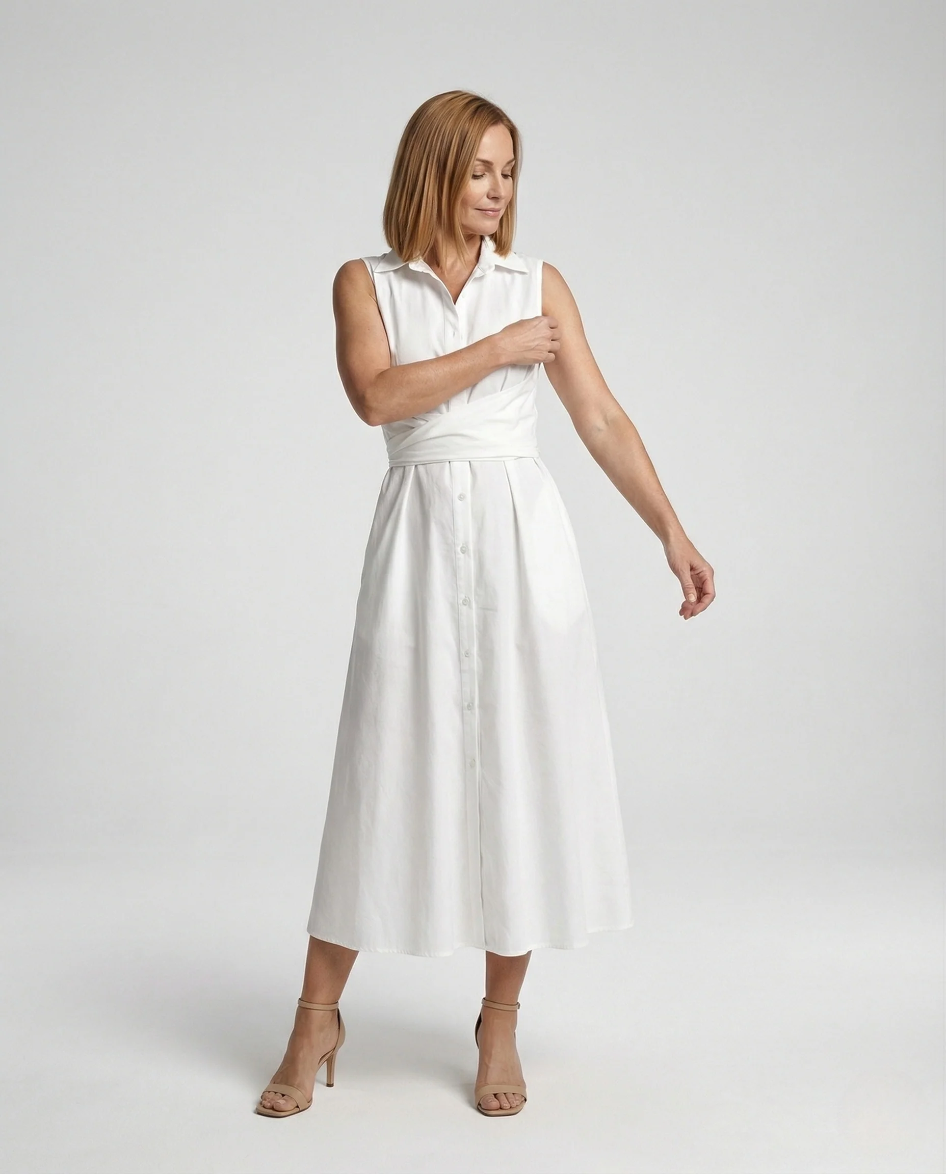 Damen Ärmelloses Hemdblusenkleid mit Wickelbund und Eingrifftaschen - Image 2
