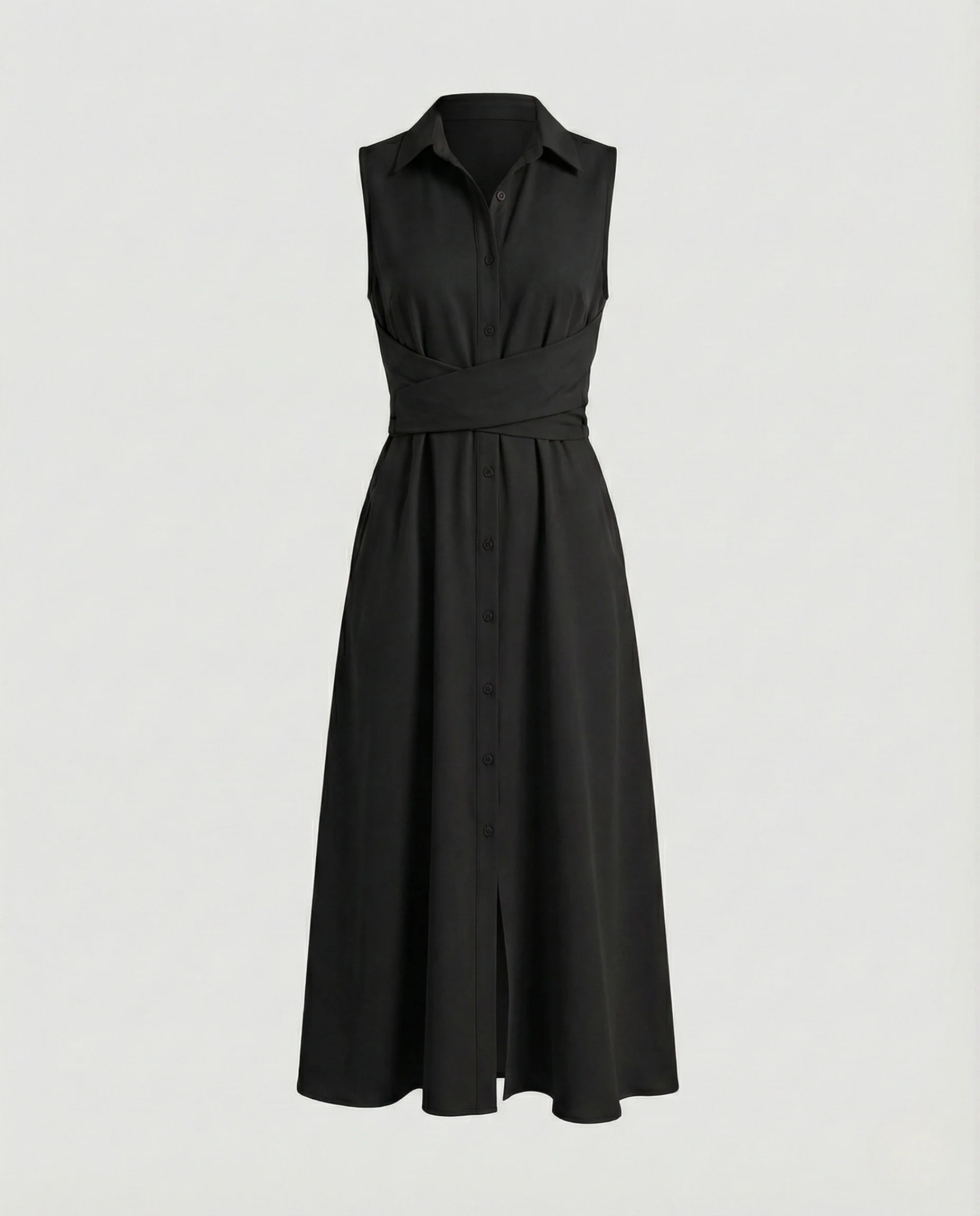 Damen Ärmelloses Hemdblusenkleid mit Wickelbund und Eingrifftaschen - Image 7