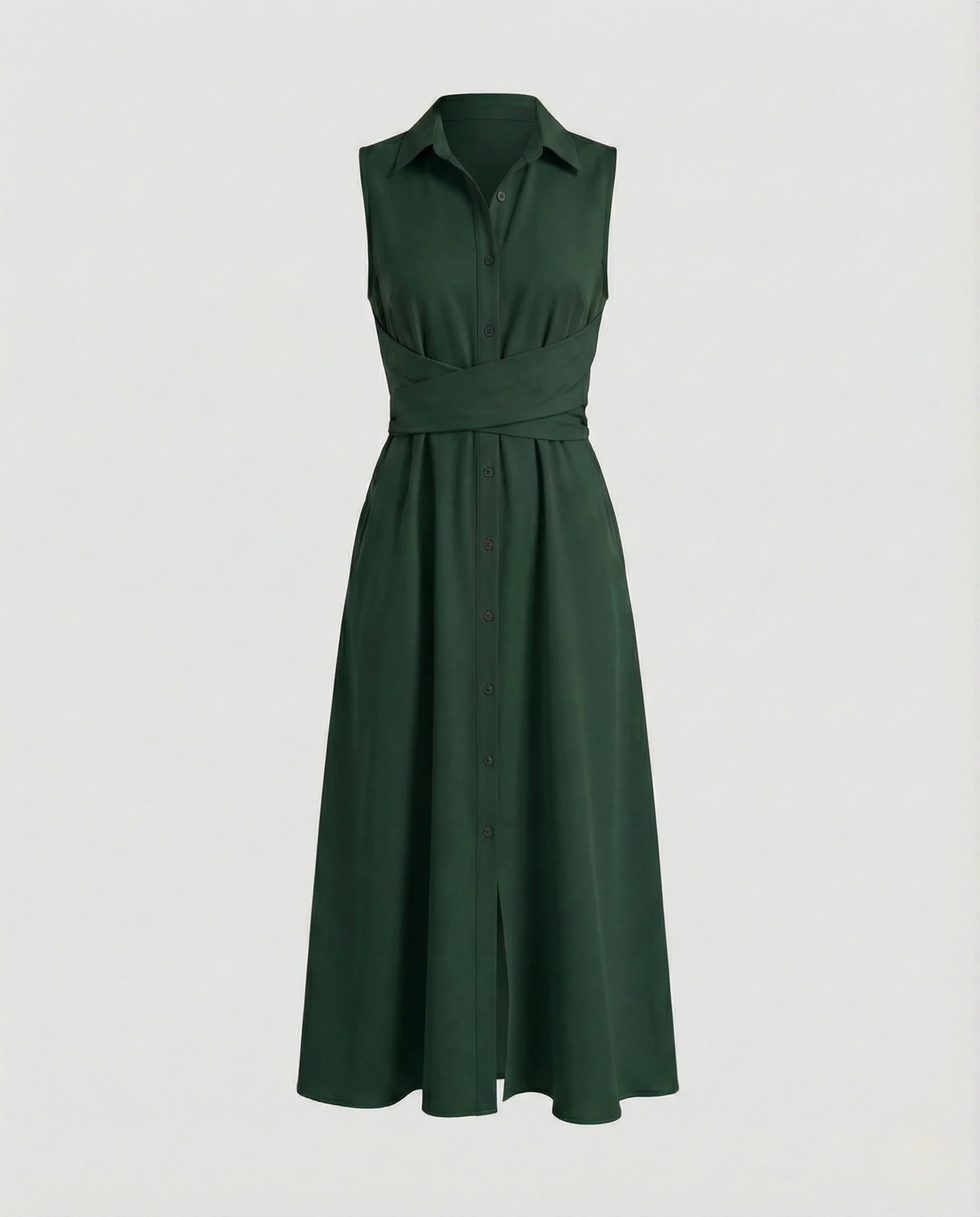 Damen Ärmelloses Hemdblusenkleid mit Wickelbund und Eingrifftaschen - Image 8