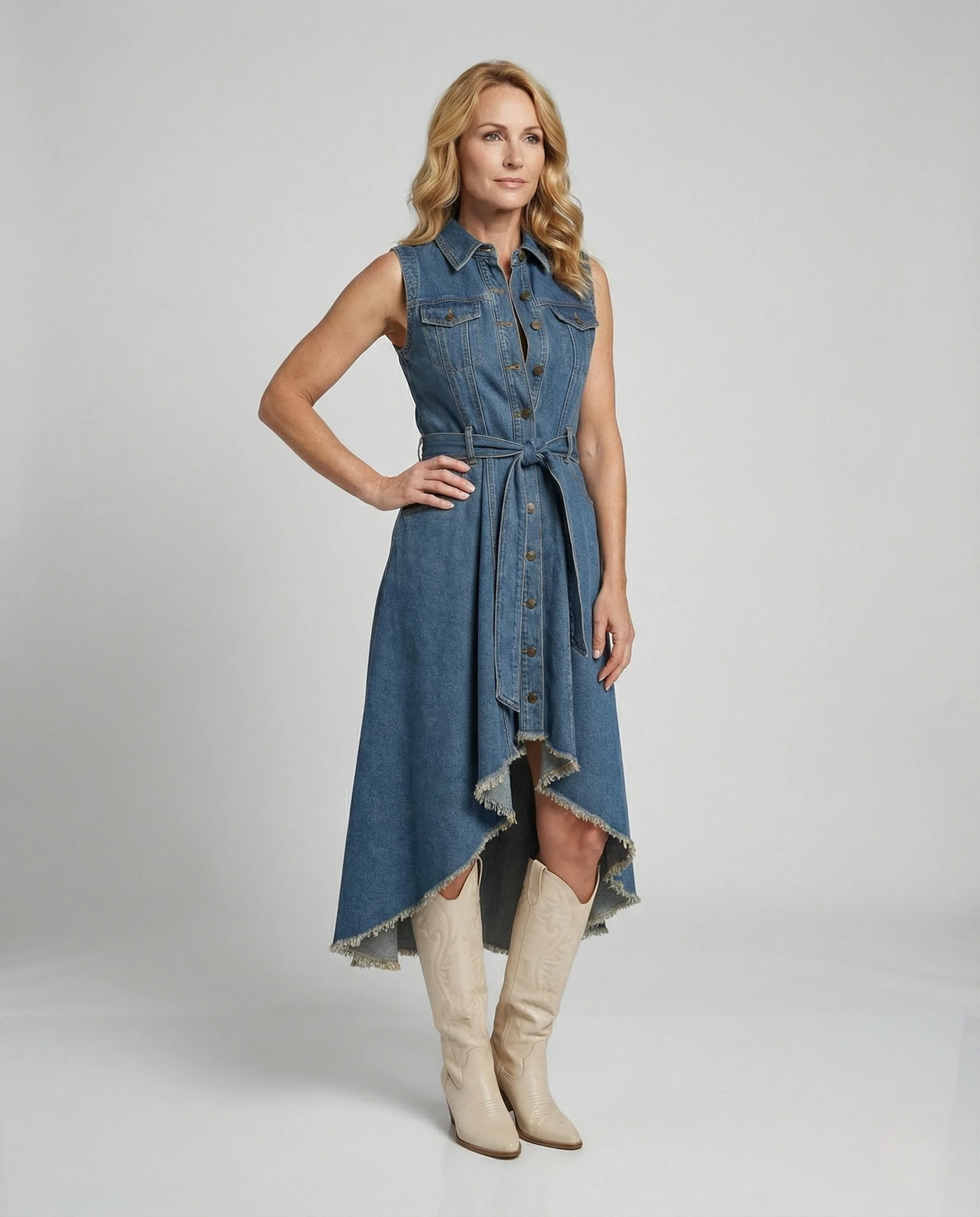 Ärmelloses Jeanskleid Damen Asymmetrisch Mit Taillengürtel - Image 2