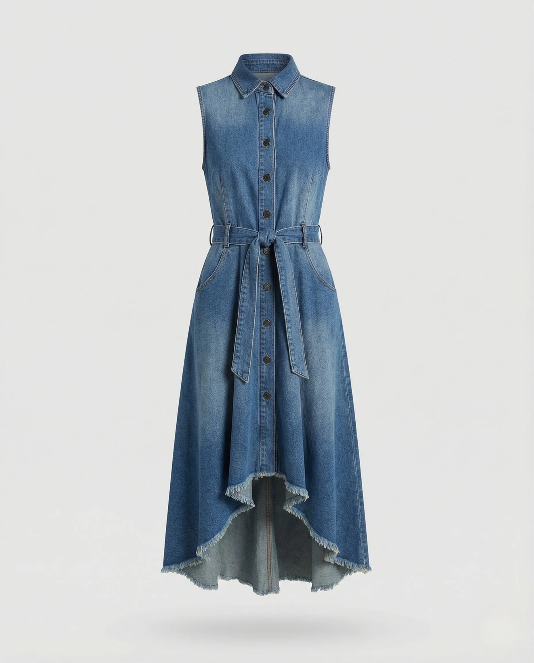Ärmelloses Jeanskleid Damen Asymmetrisch Mit Taillengürtel - Image 5