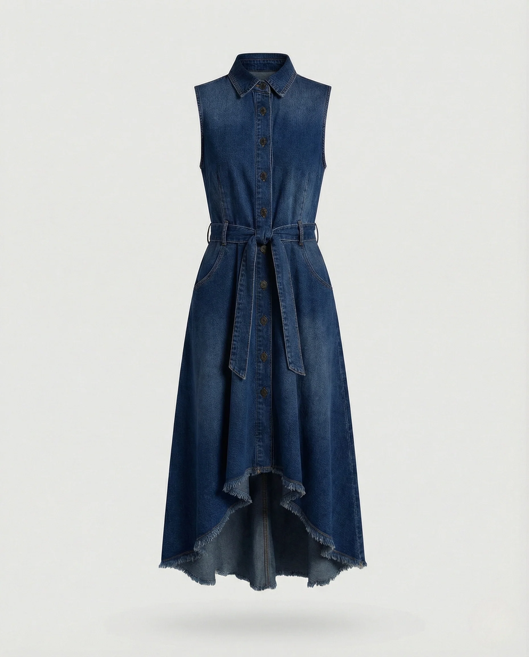 Ärmelloses Jeanskleid Damen Asymmetrisch Mit Taillengürtel - Image 6
