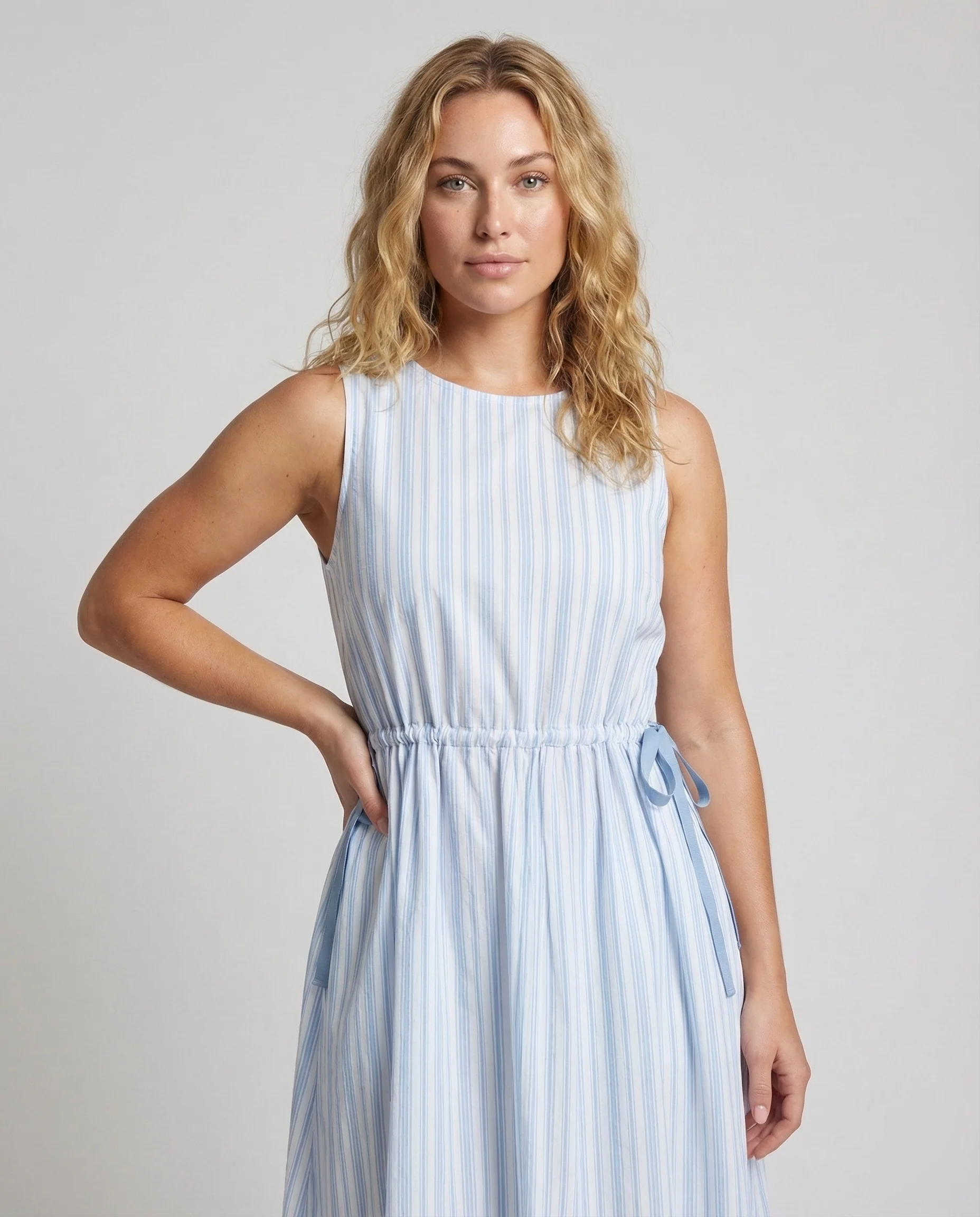 Damen Leinenoptik Midikleid mit Raffbund - Image 2