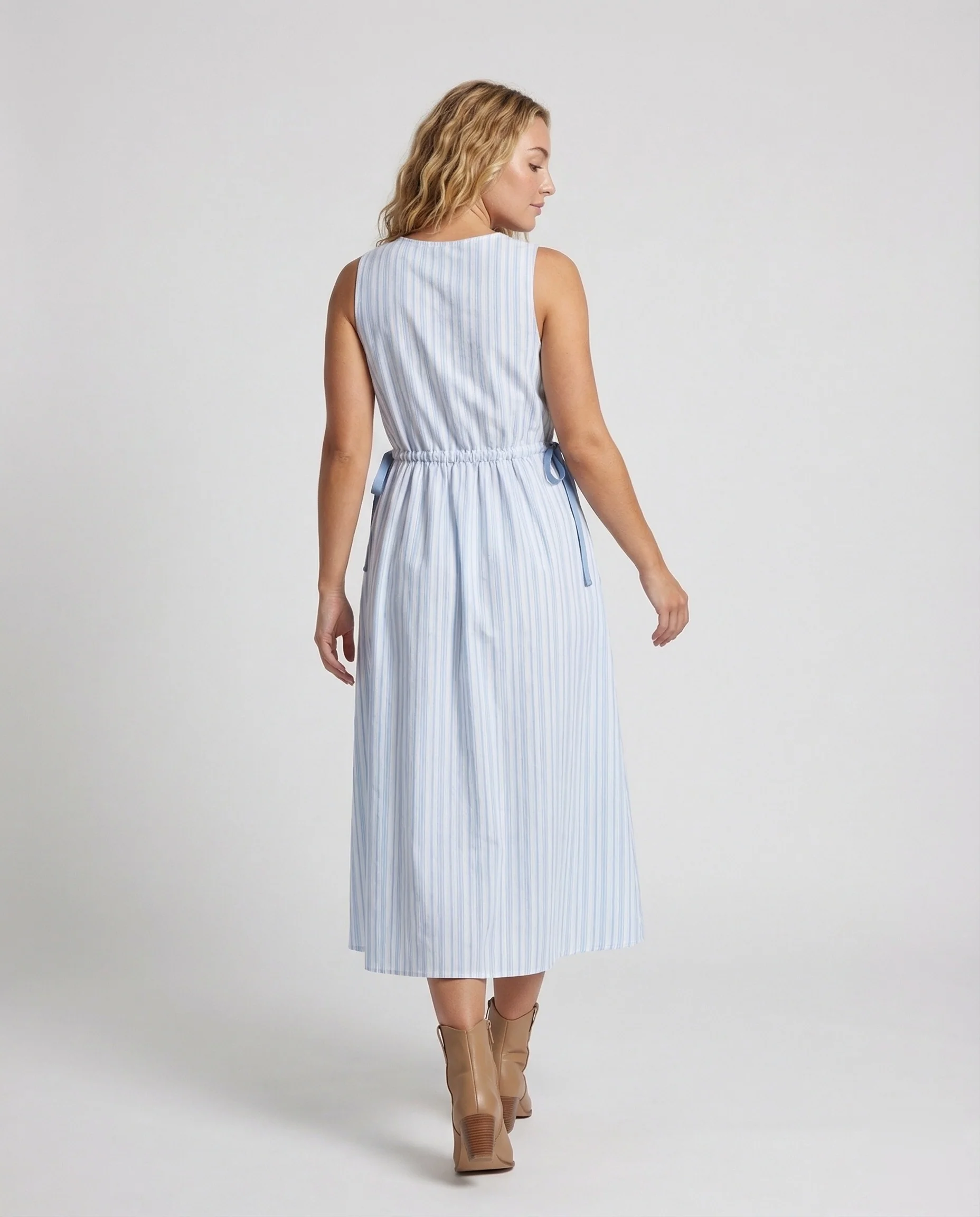 Damen Leinenoptik Midikleid mit Raffbund - Image 4