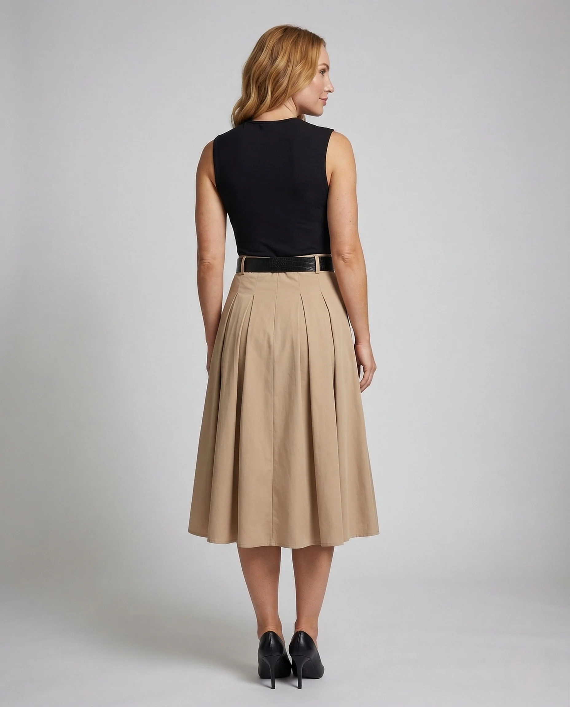 Damen Midikleid Faltenrock Taillengürtel - Image 3