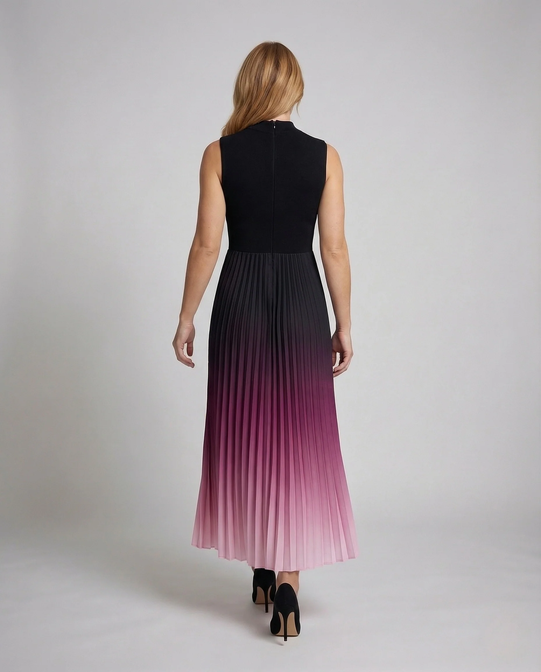 Damen Plissee Maxikleid Ärmellos Stehkragen - Image 2