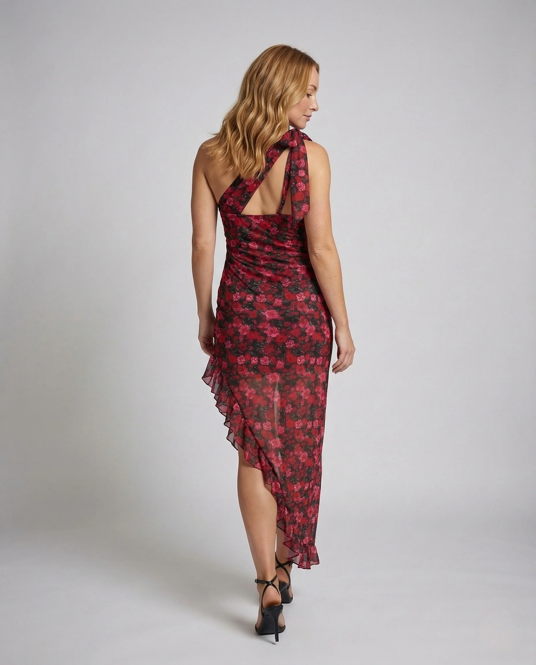 Damen Maxikleid Asymmetrisch One Shoulder Volants - Image 3