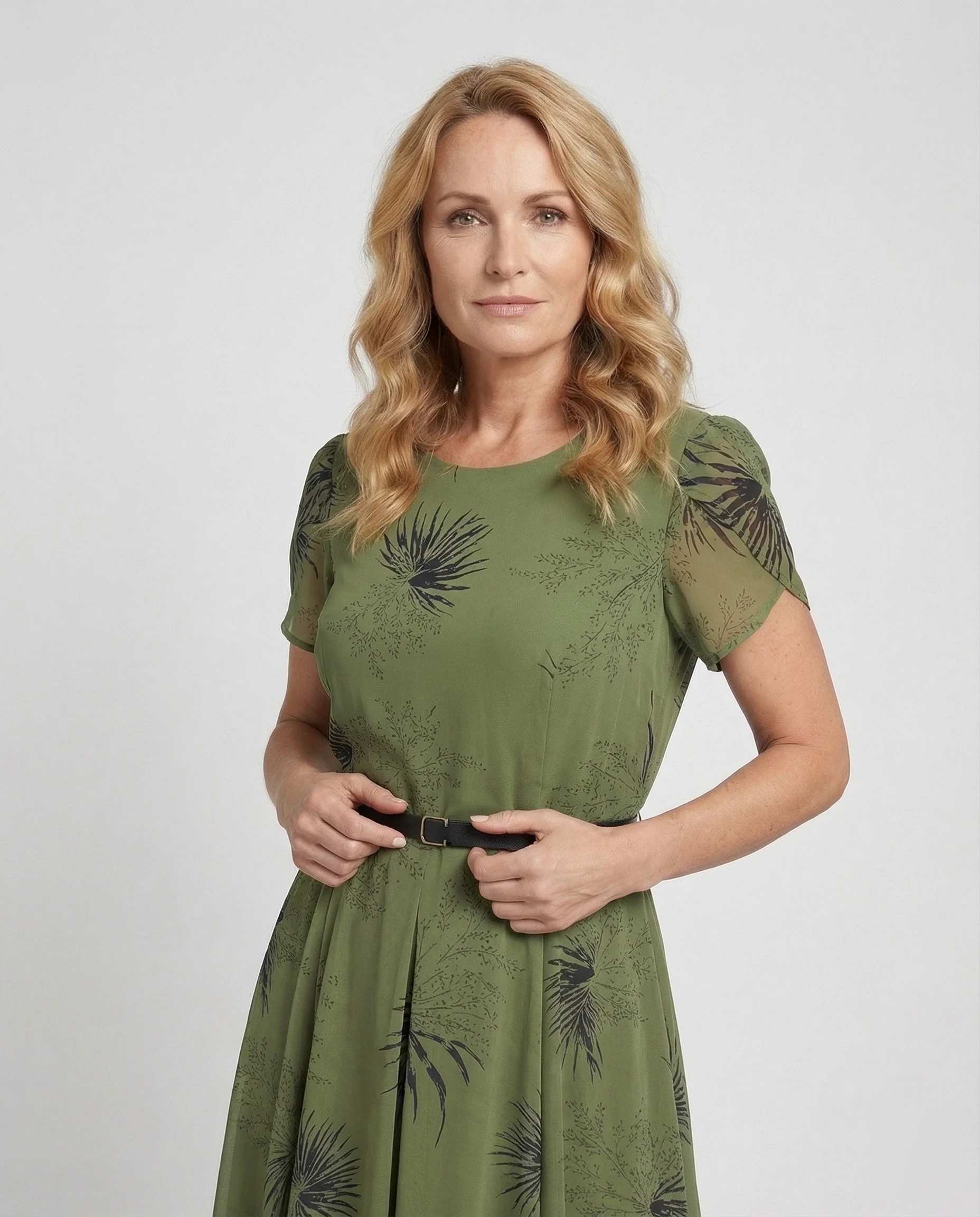 Damen Chiffon-Midikleid mit Taillengürtel und Palmenmuster - Image 2