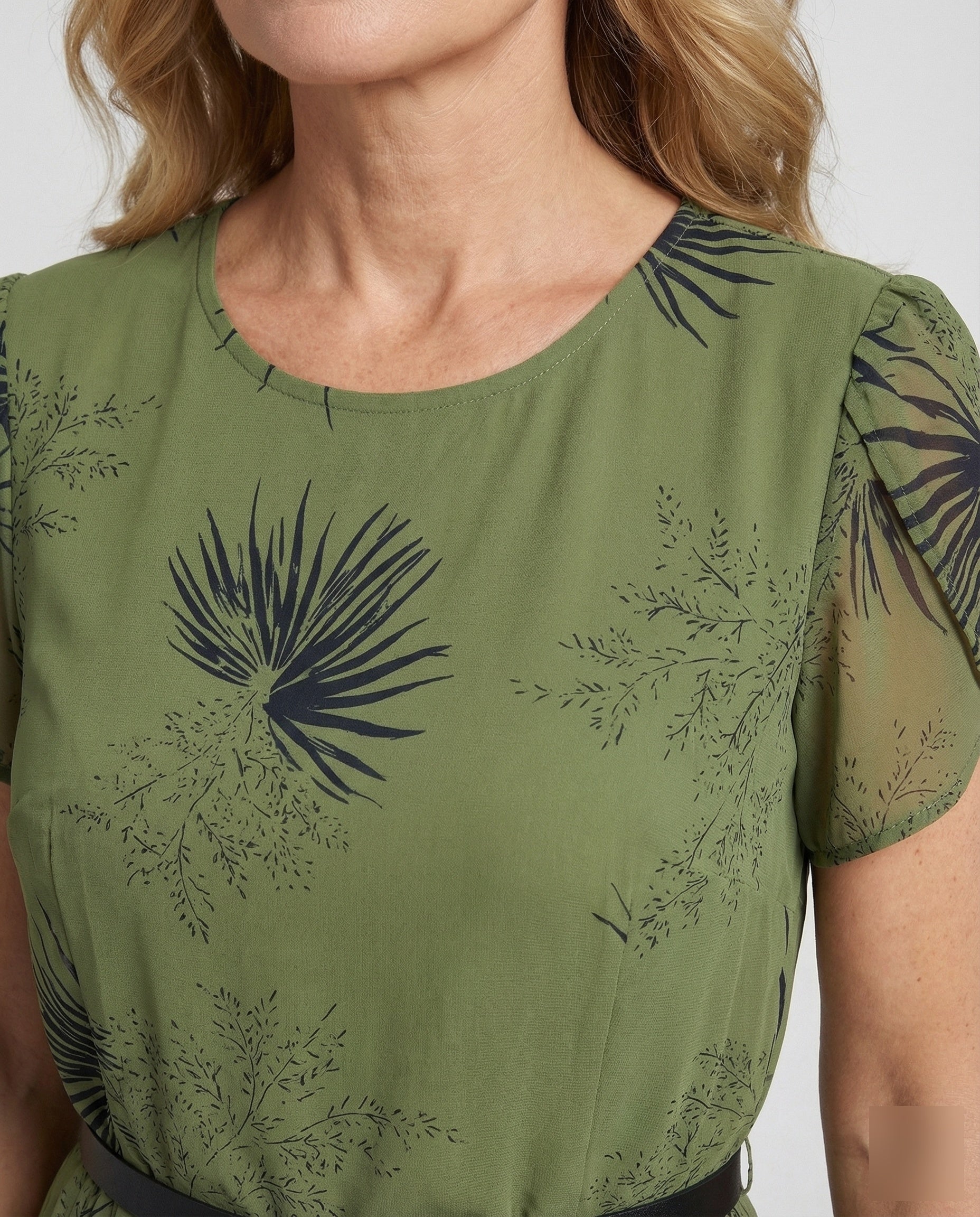 Damen Chiffon-Midikleid mit Taillengürtel und Palmenmuster - Image 3