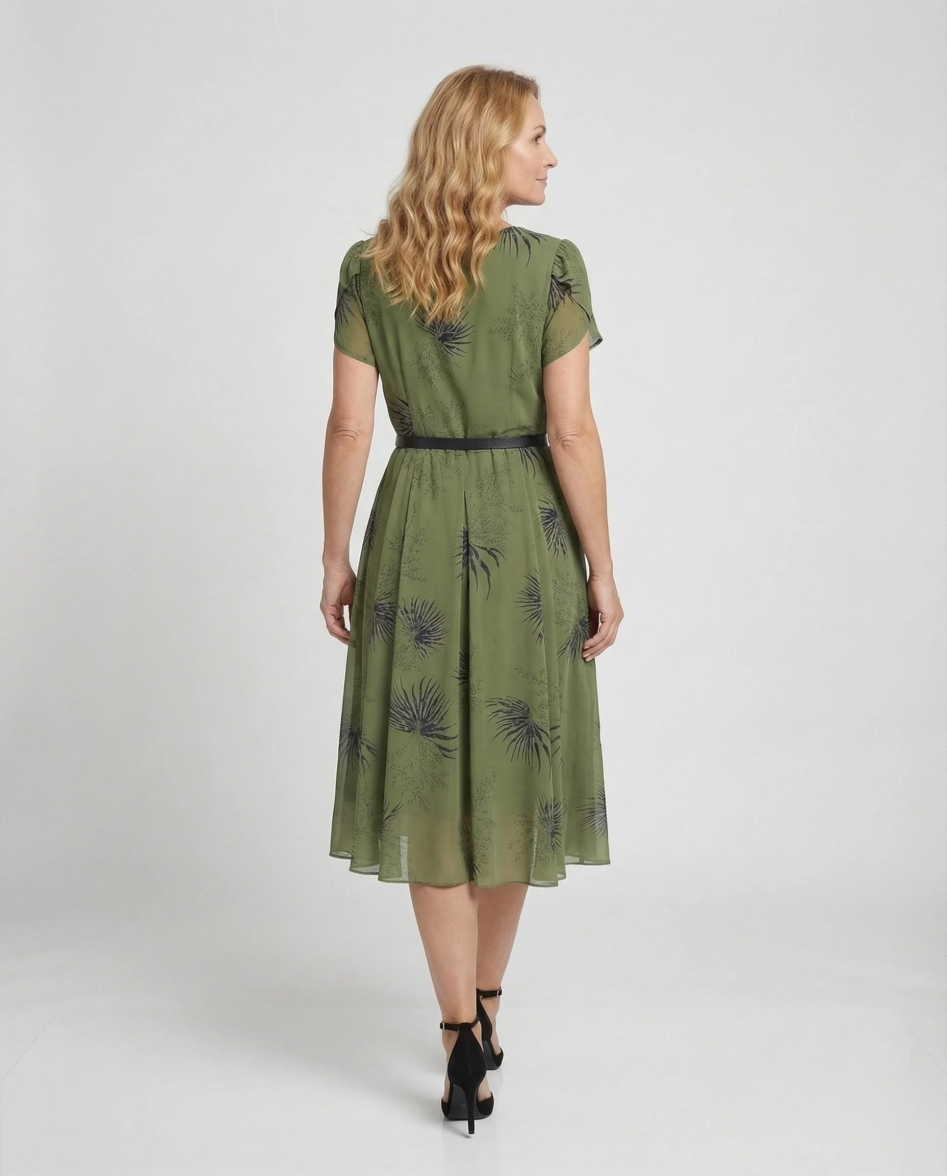 Damen Chiffon-Midikleid mit Taillengürtel und Palmenmuster - Image 4