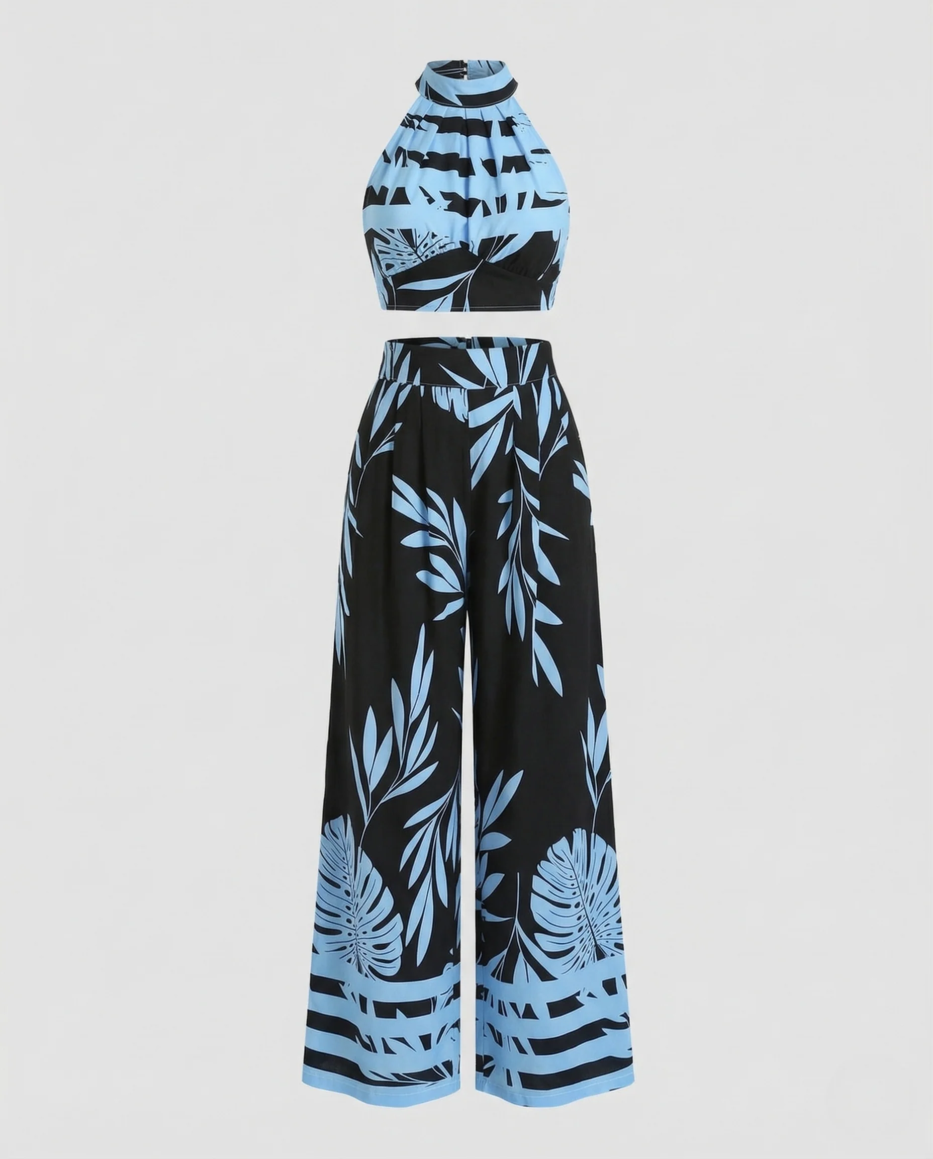 Damen Set Neckholder Top Palazzo Hose Blattprint - Image 5