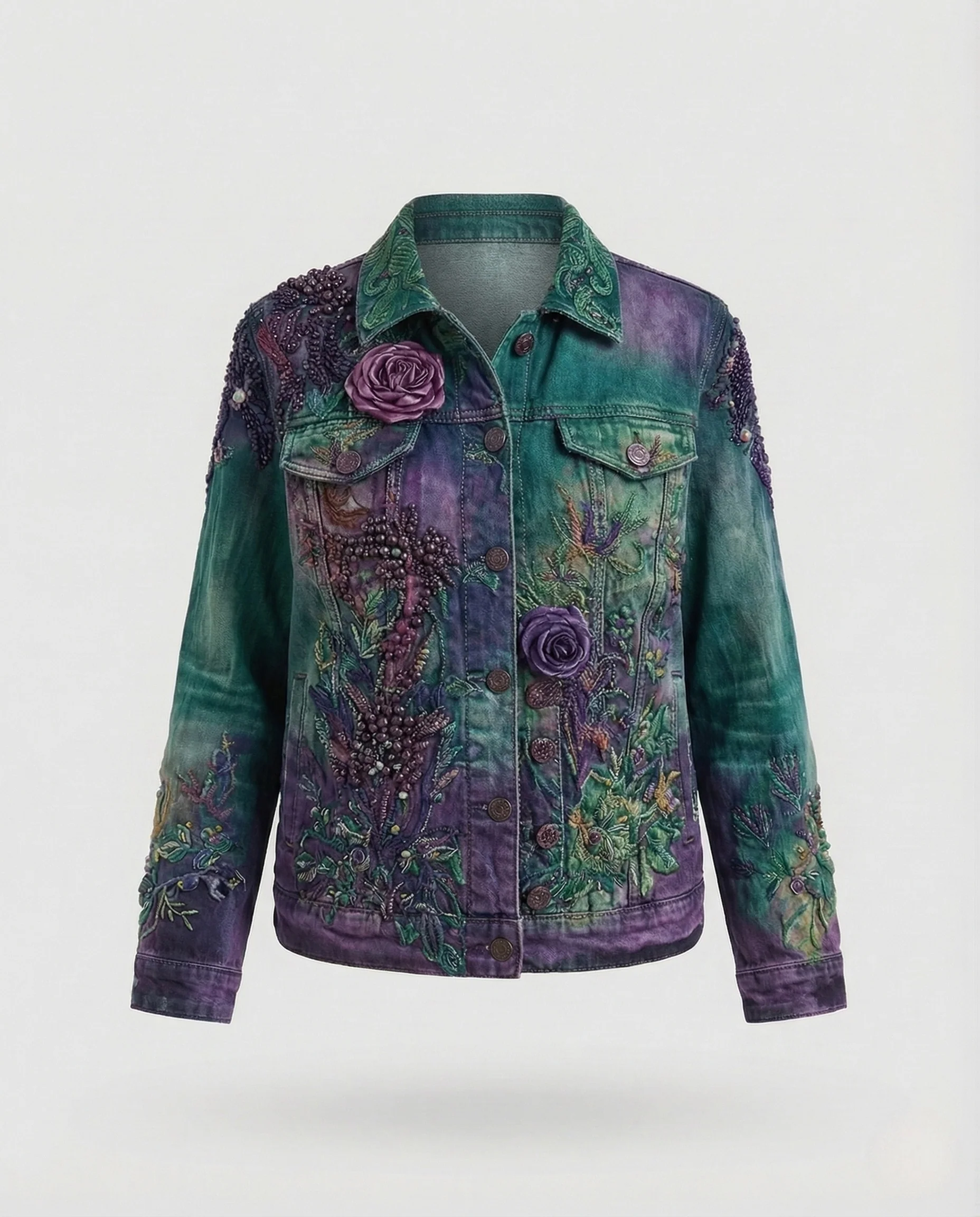 Damen Bestickte Jeansjacke Boho Stil mit 3D Blütenapplikationen und Nieten - Image 6