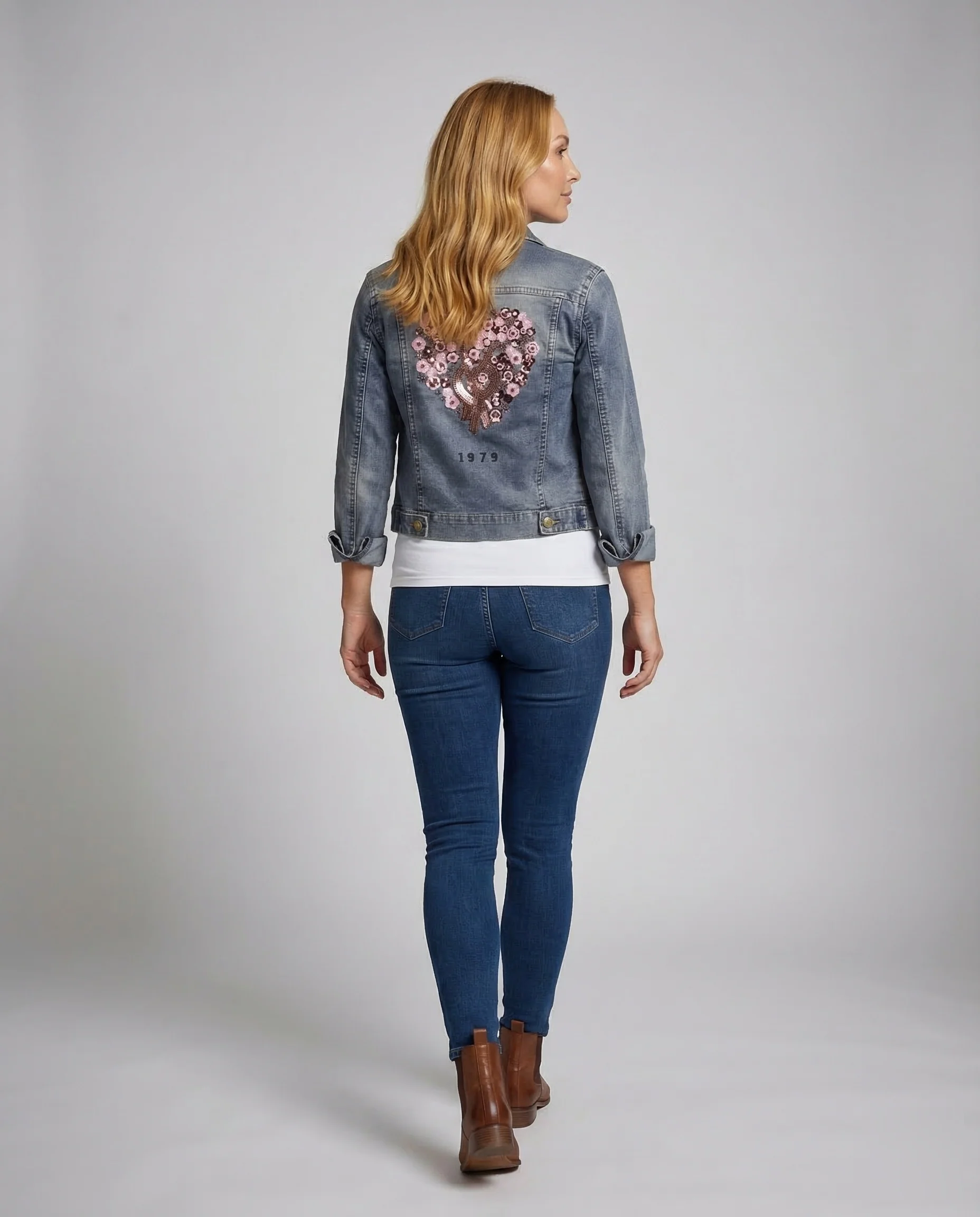 Damen Jeansjacke Bestickt Herz - Image 3