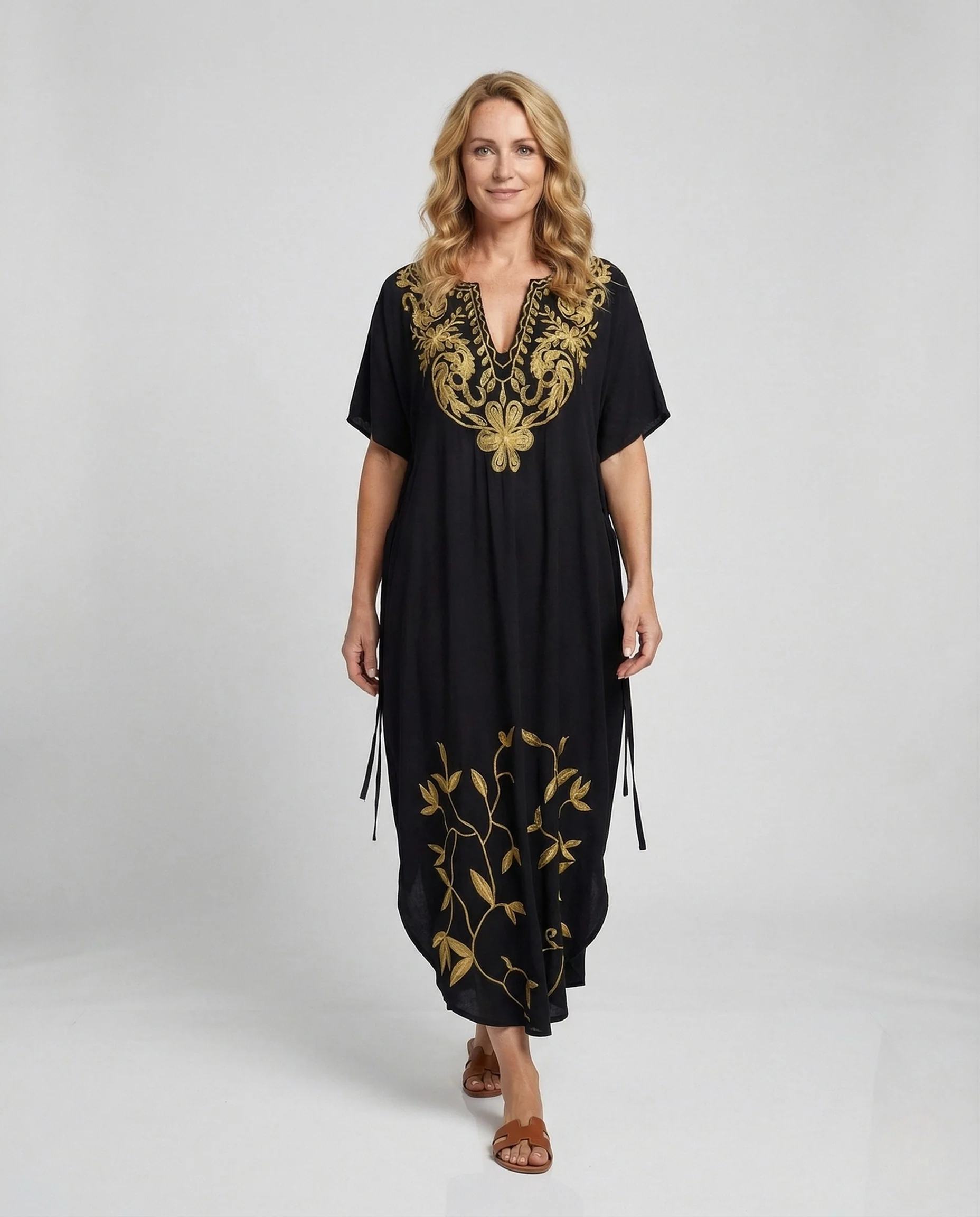 Damen Maxikleid Kaftan bestickt