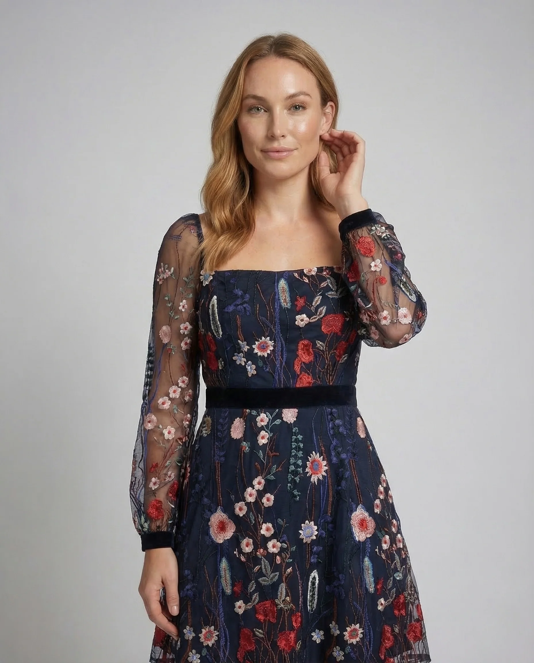 Damen Minikleid Stickerei Netzärmel Eckiger Ausschnitt - Image 2