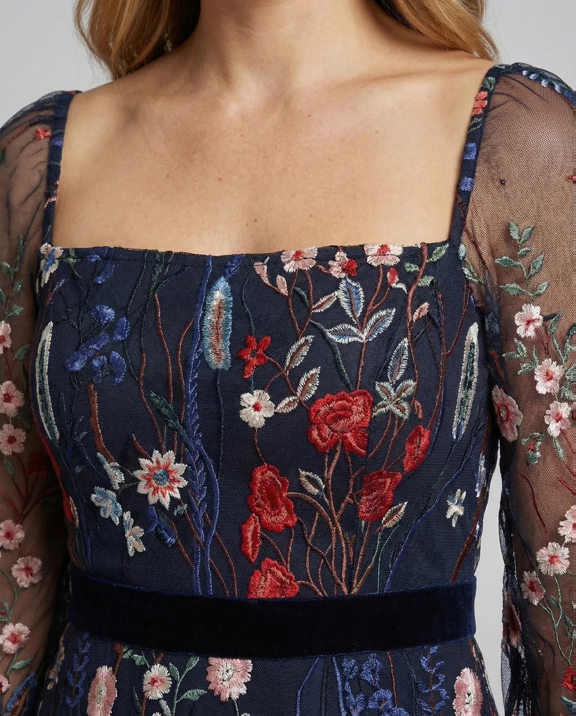 Damen Minikleid Stickerei Netzärmel Eckiger Ausschnitt - Image 3