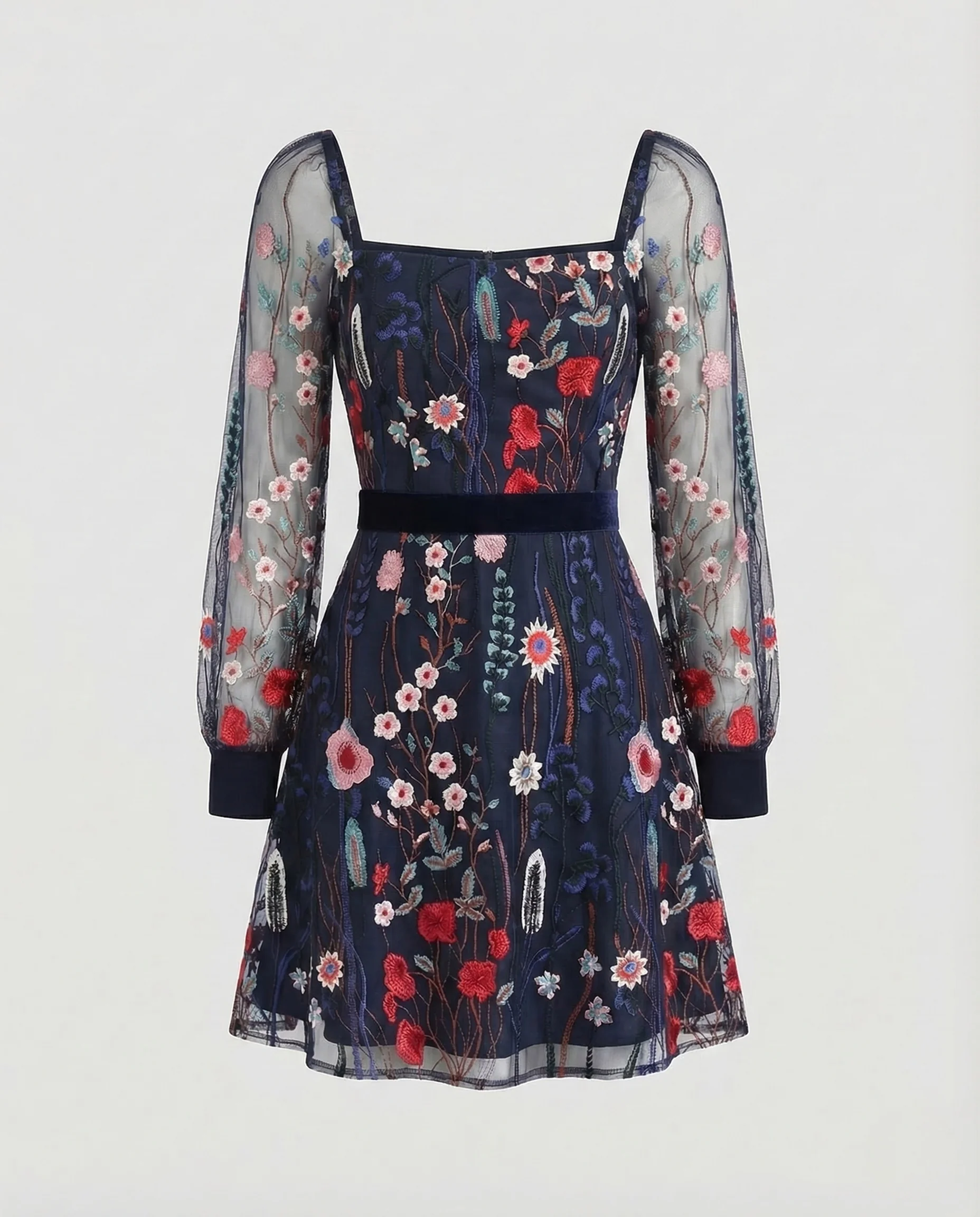 Damen Minikleid Stickerei Netzärmel Eckiger Ausschnitt - Image 6