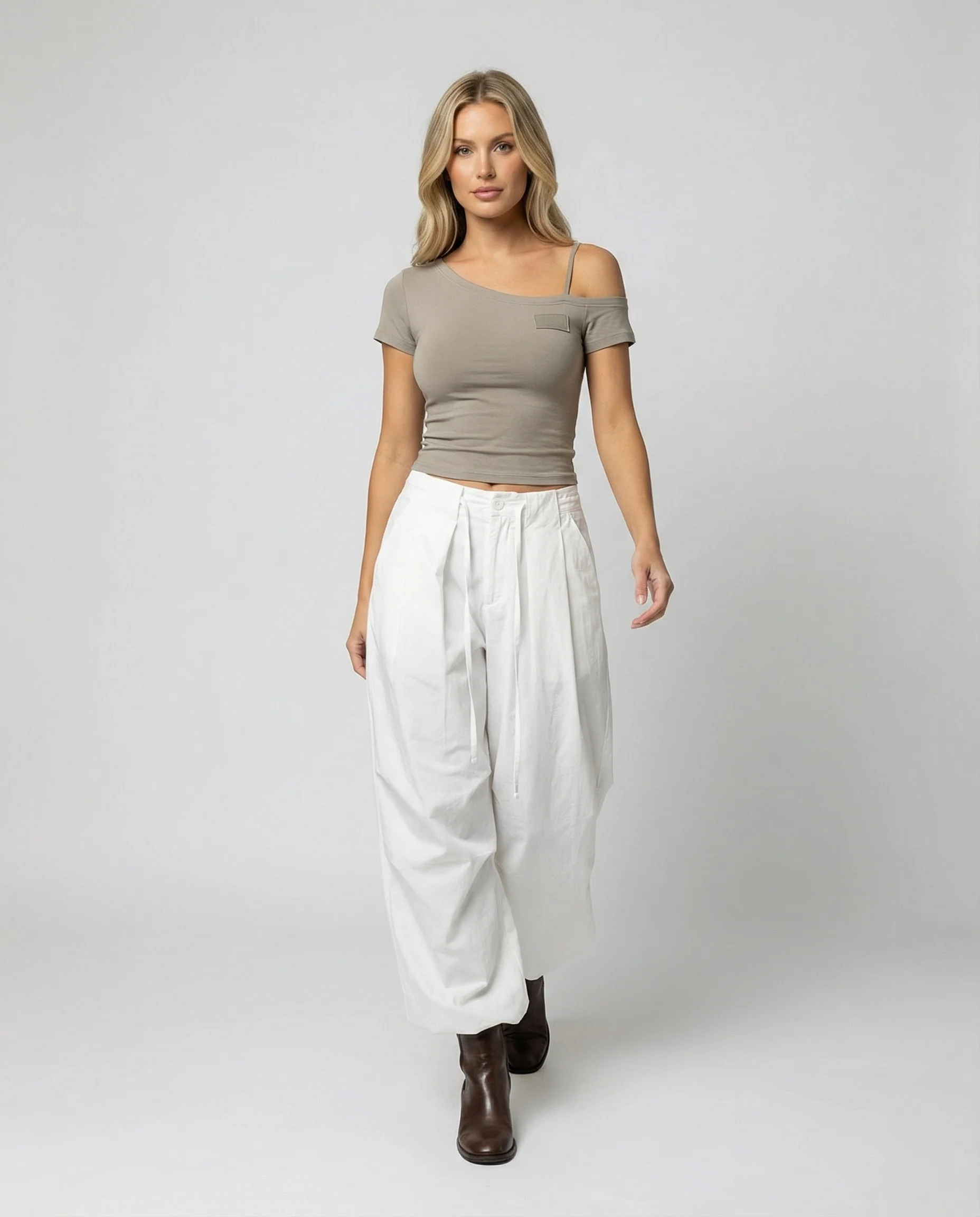 Damen bodenlange Drapé-Hose mit weitem Bein hoher Taille und langen Bindebändern Heidi-Mode - Image 2