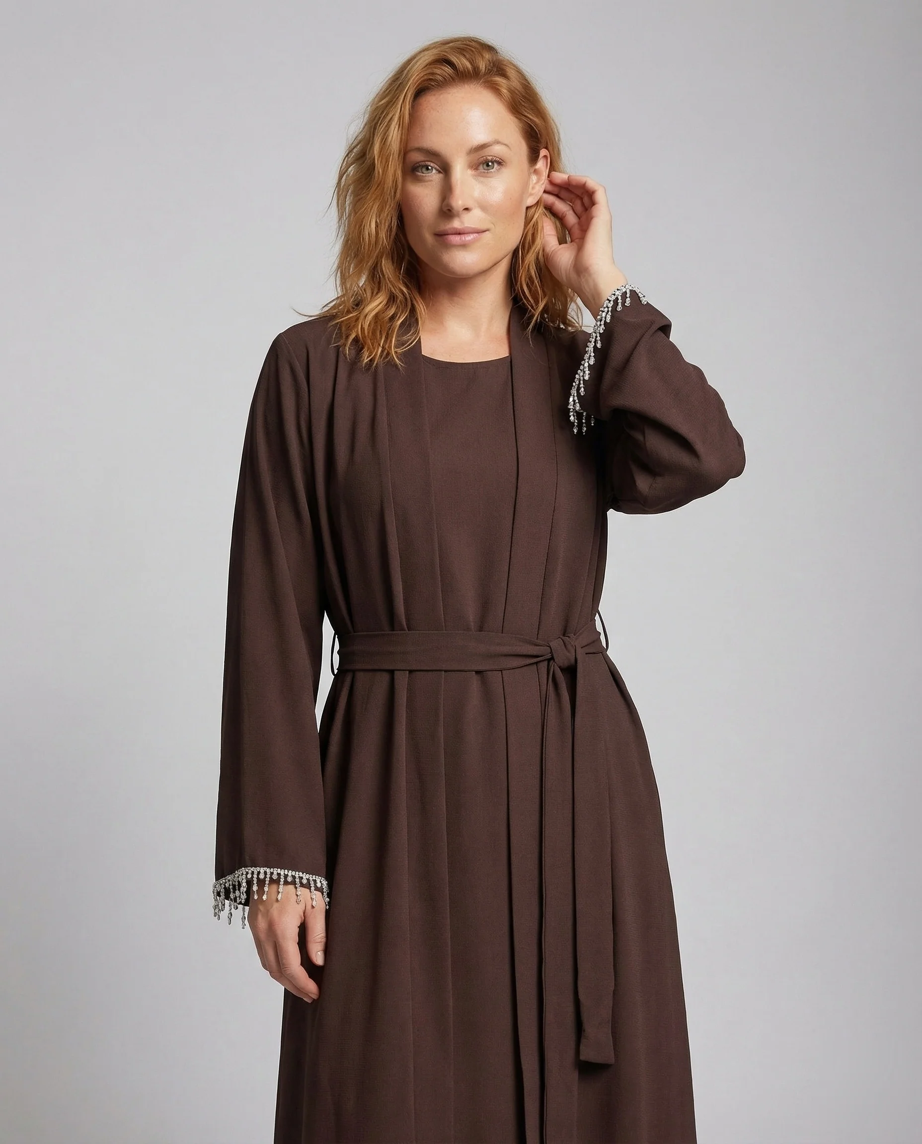 Damen Abaya Mantel Bodenlang mit Perlenfransen - Image 2