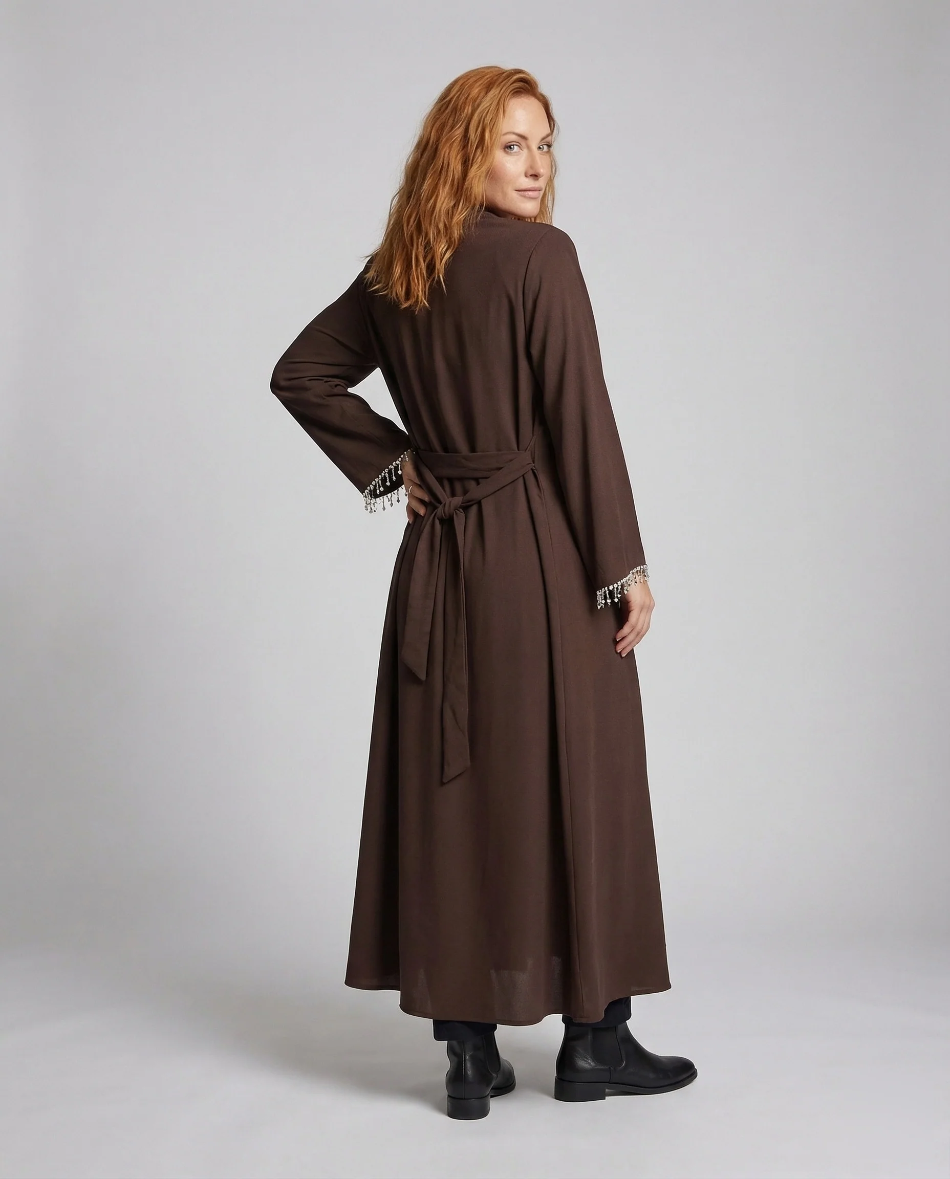 Damen Abaya Mantel Bodenlang mit Perlenfransen - Image 3