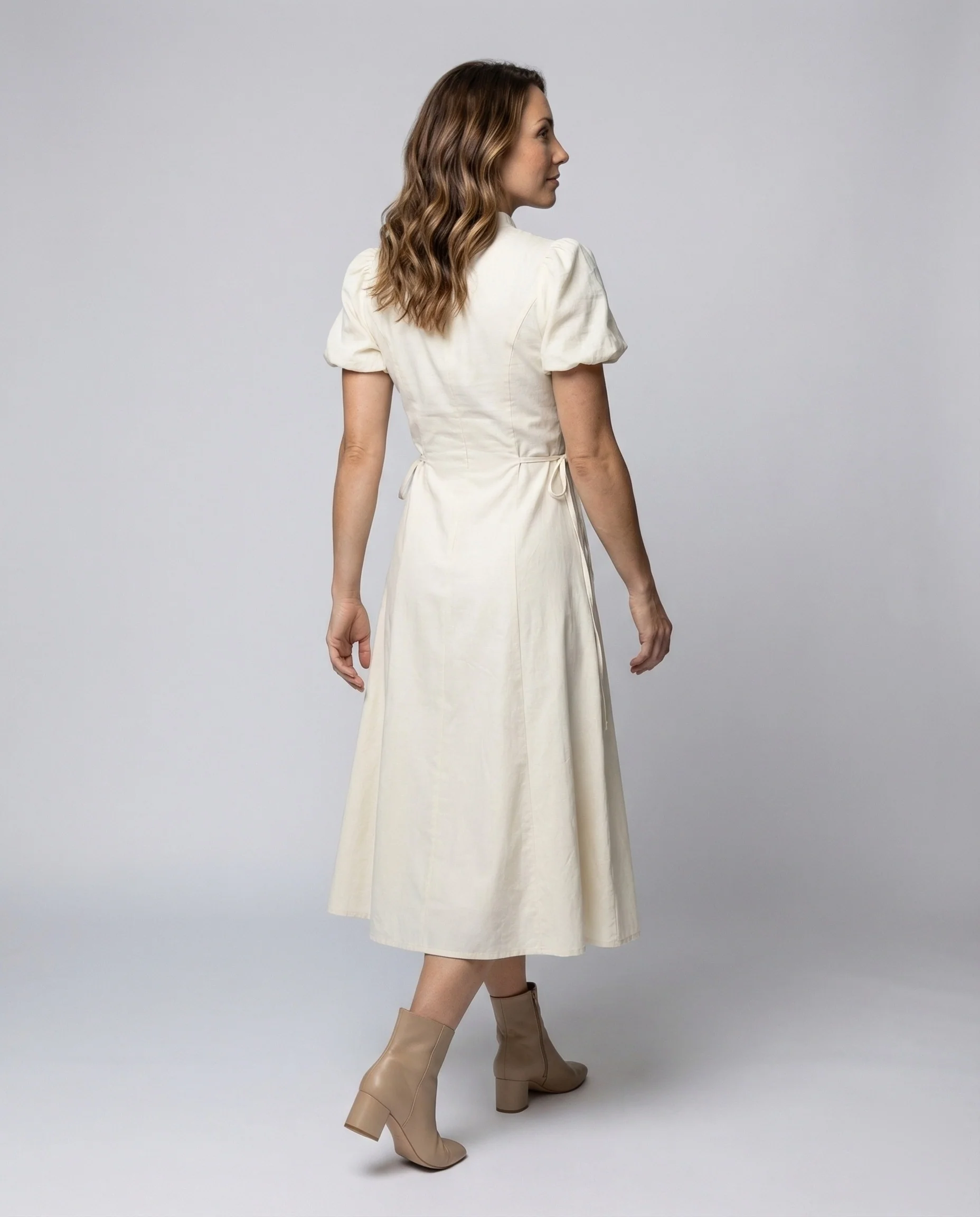 Damen Leinenoptik Maxikleid mit Puffärmeln - Image 3