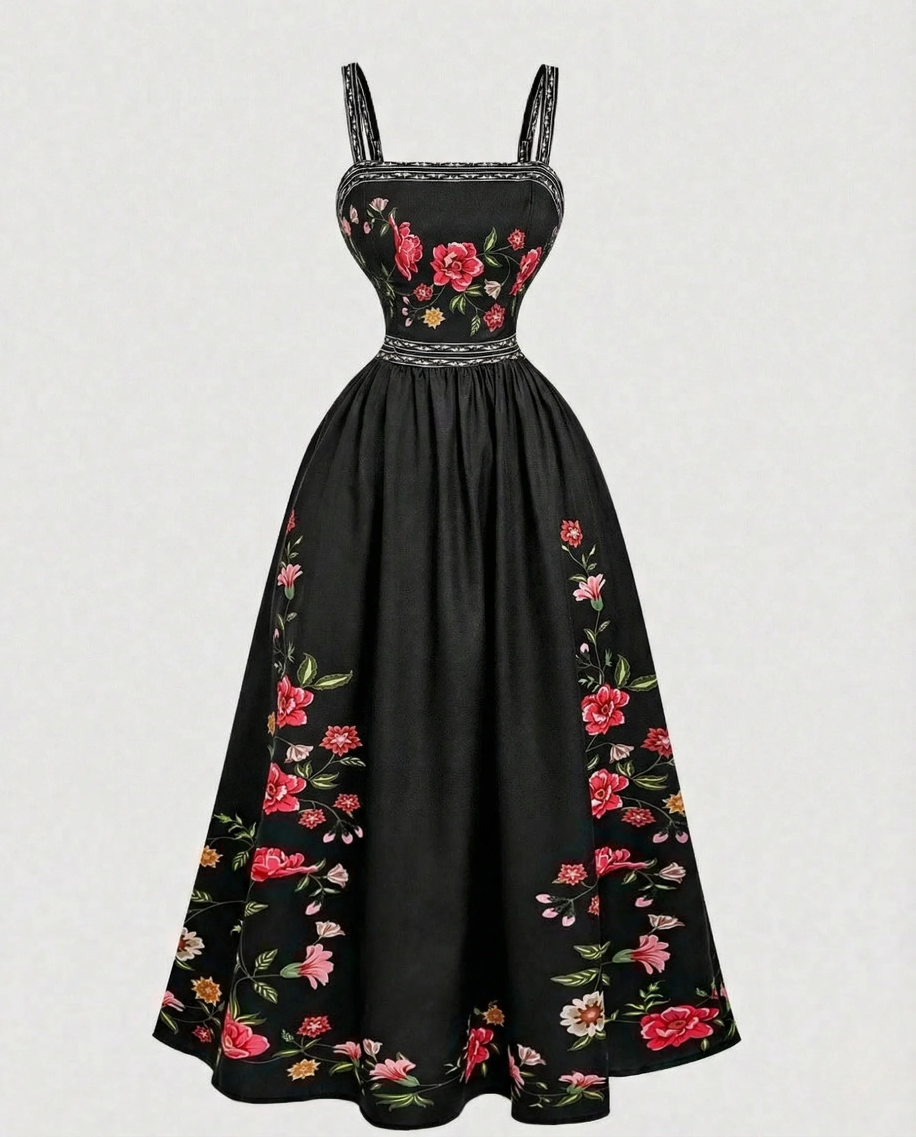 Retro Swingkleid Bodenlang Mit Stickerei Damen - Image 4