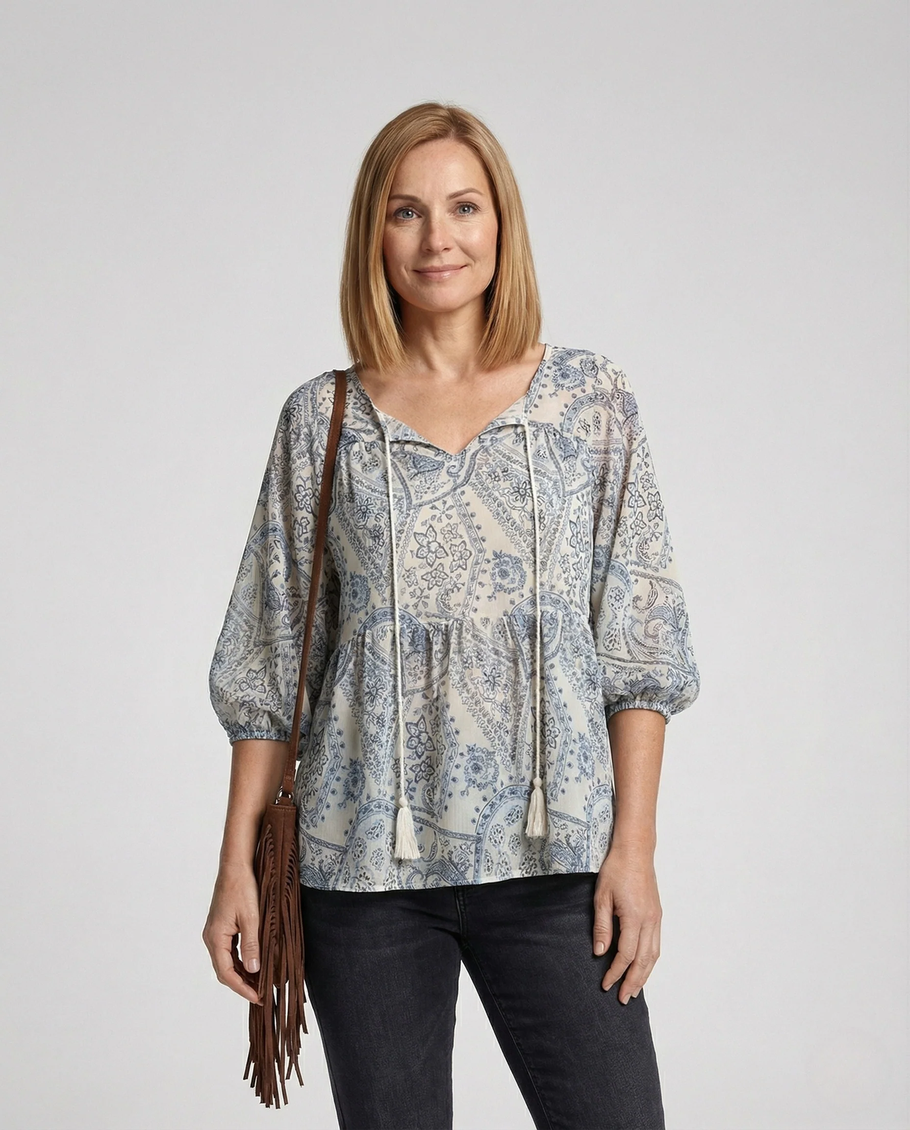 Damen Boho Paisley Tunika Bluse mit Quasten - Image 2