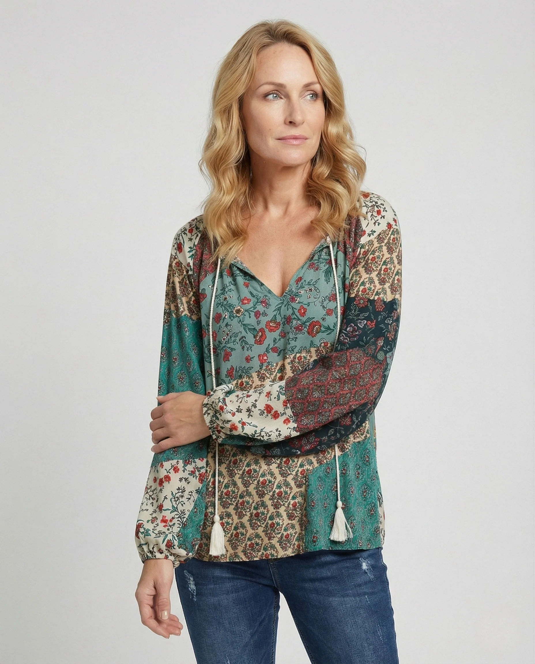 Boho Patchwork Bluse Damen Quasten V-Ausschnitt