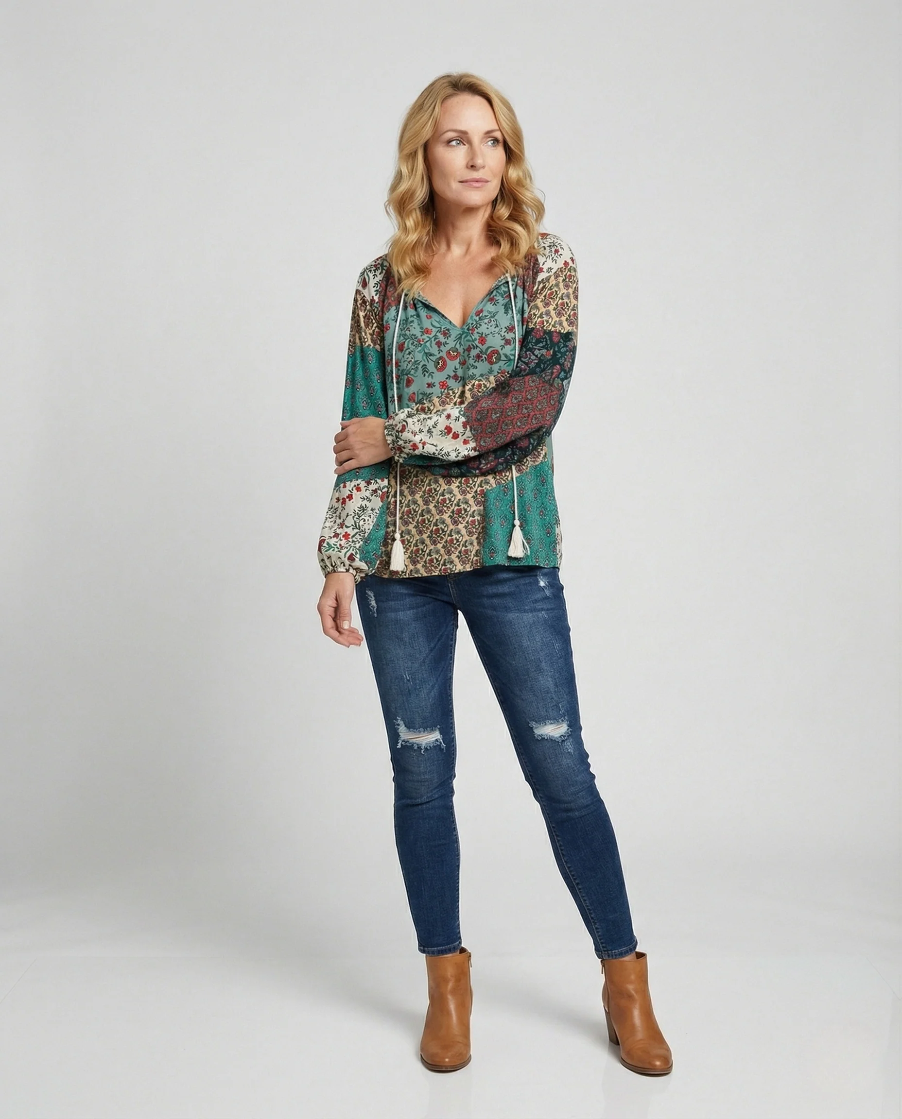 Boho Patchwork Bluse Damen Quasten V-Ausschnitt - Image 2