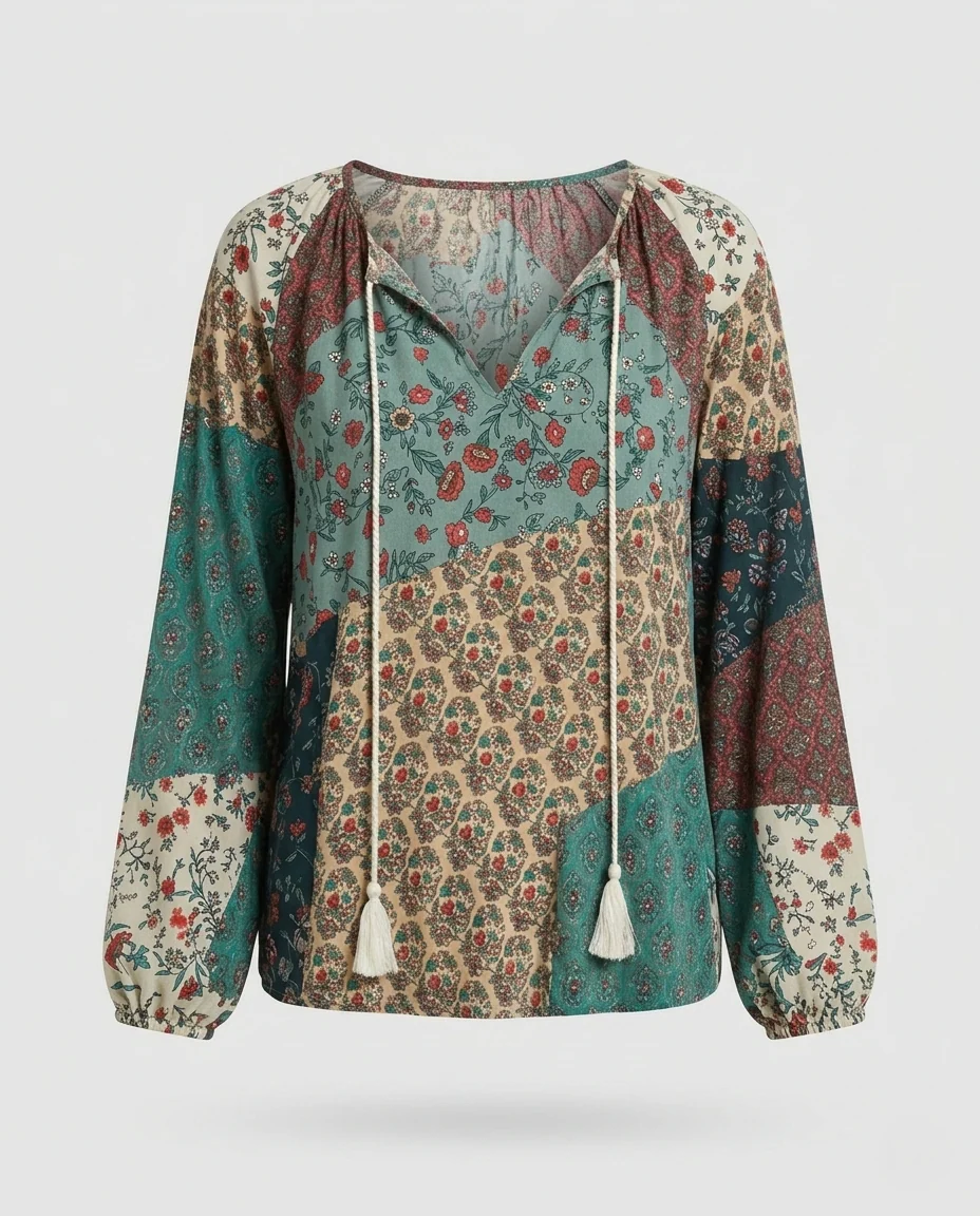 Boho Patchwork Bluse Damen Quasten V-Ausschnitt - Image 5