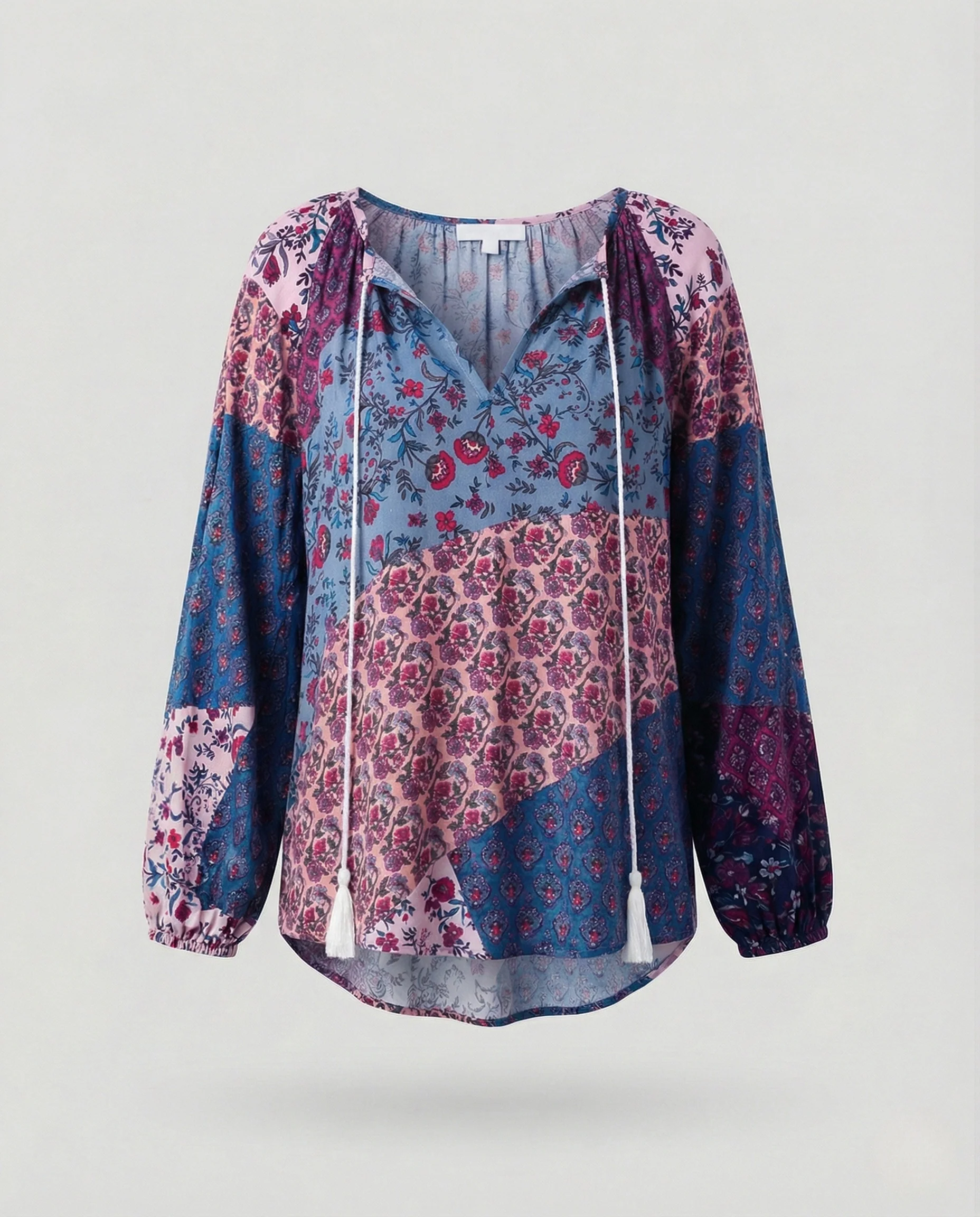 Boho Patchwork Bluse Damen Quasten V-Ausschnitt - Image 8