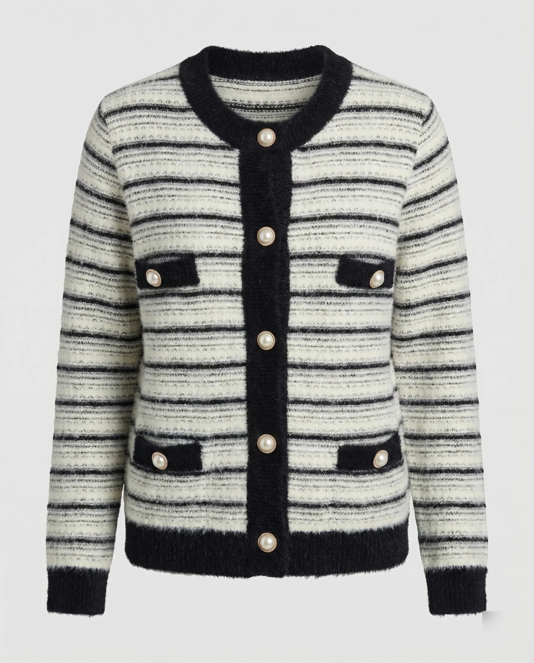 Bouclé-Strickjacke mit Kontrastbesatz, Perlenknopfleiste und Pattentaschen Heidi Mode - Image 5