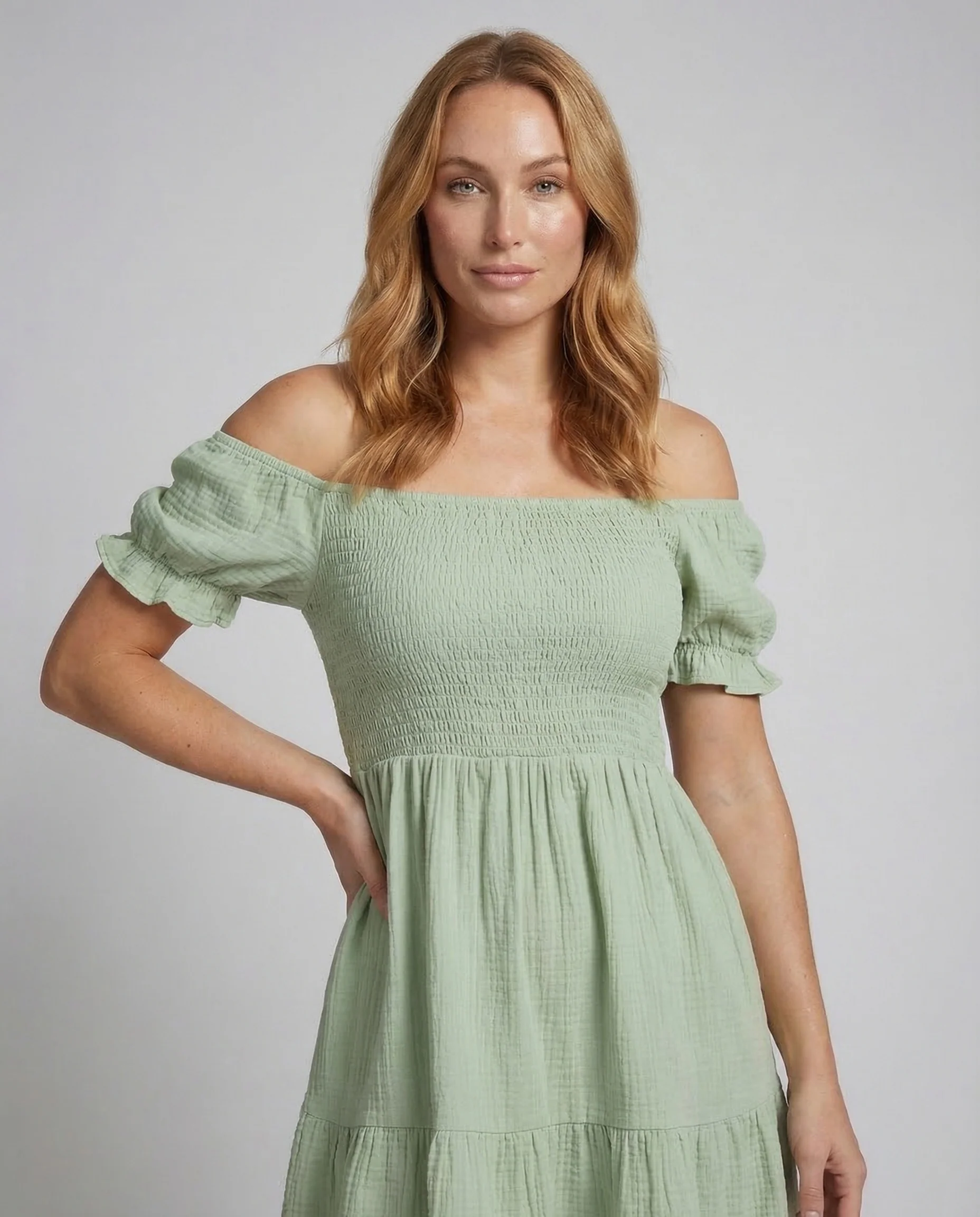 Damen Carmen Tunika Kleid Puffärmel Stufenrock - Image 2