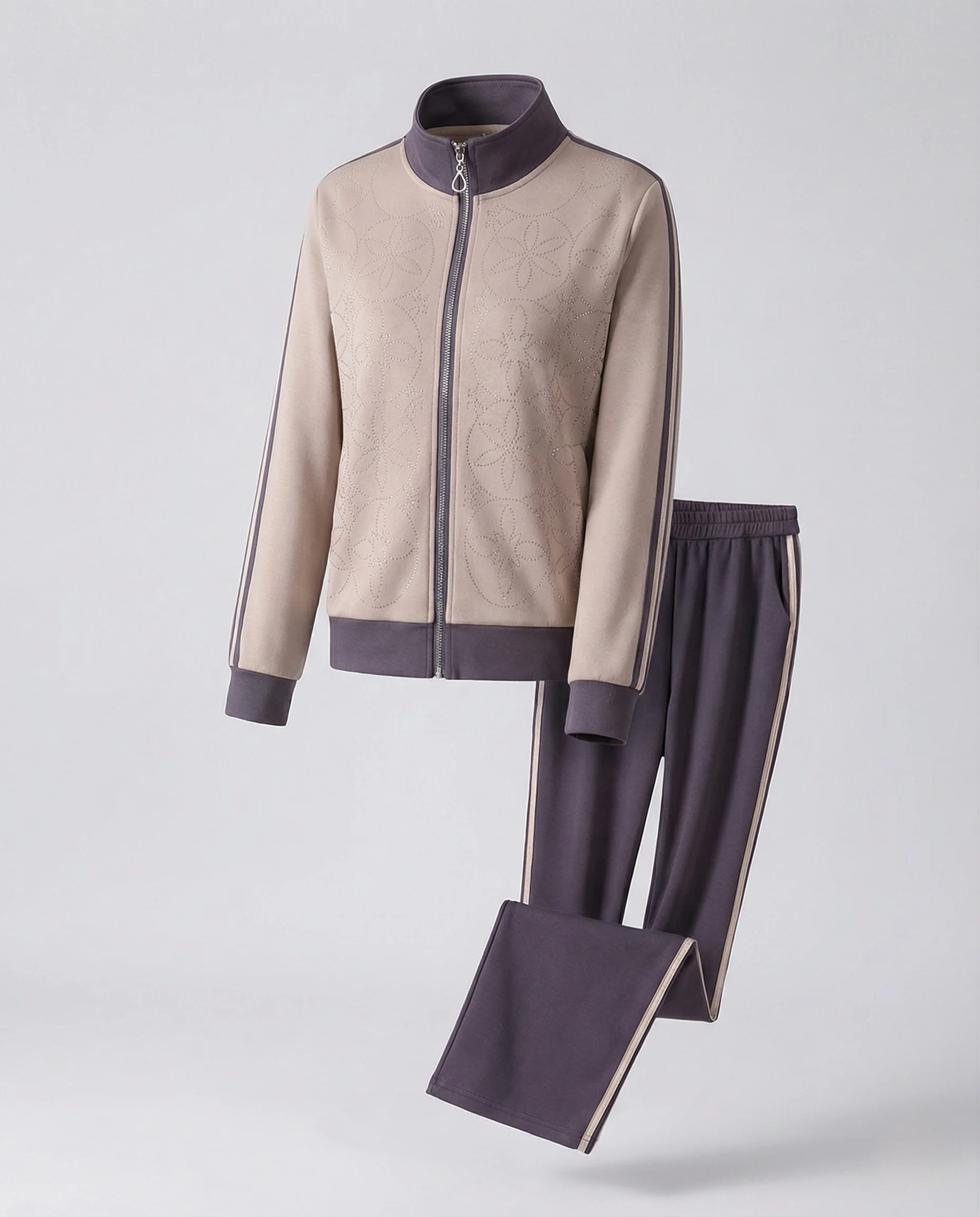 Edles Freizeit-Trainingsset mit Reißverschlussjacke, ausgestanztem Blumenmotiv und gerade geschnittener Jogginghose Heidi Mode - Image 4