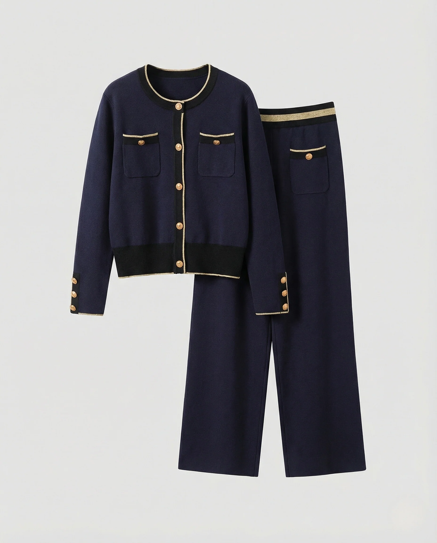 Edles Strick-Zweiteiler mit kurzem Knopfcardigan und hochtaillierter Weitbein-Hose Heidi Mode - Image 4