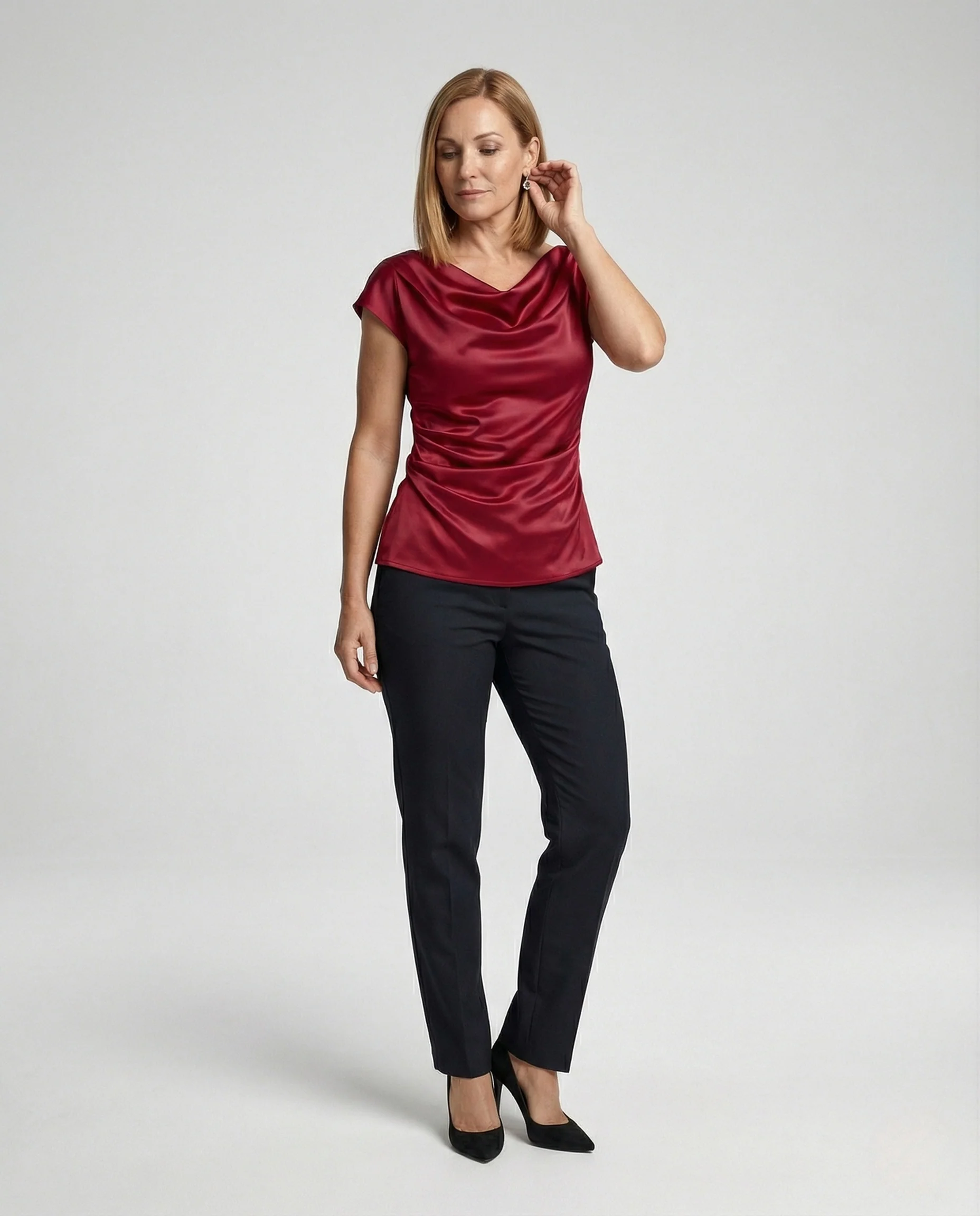 Drapierte Satinbluse Damen Wasserfall Ausschnitt - Image 2