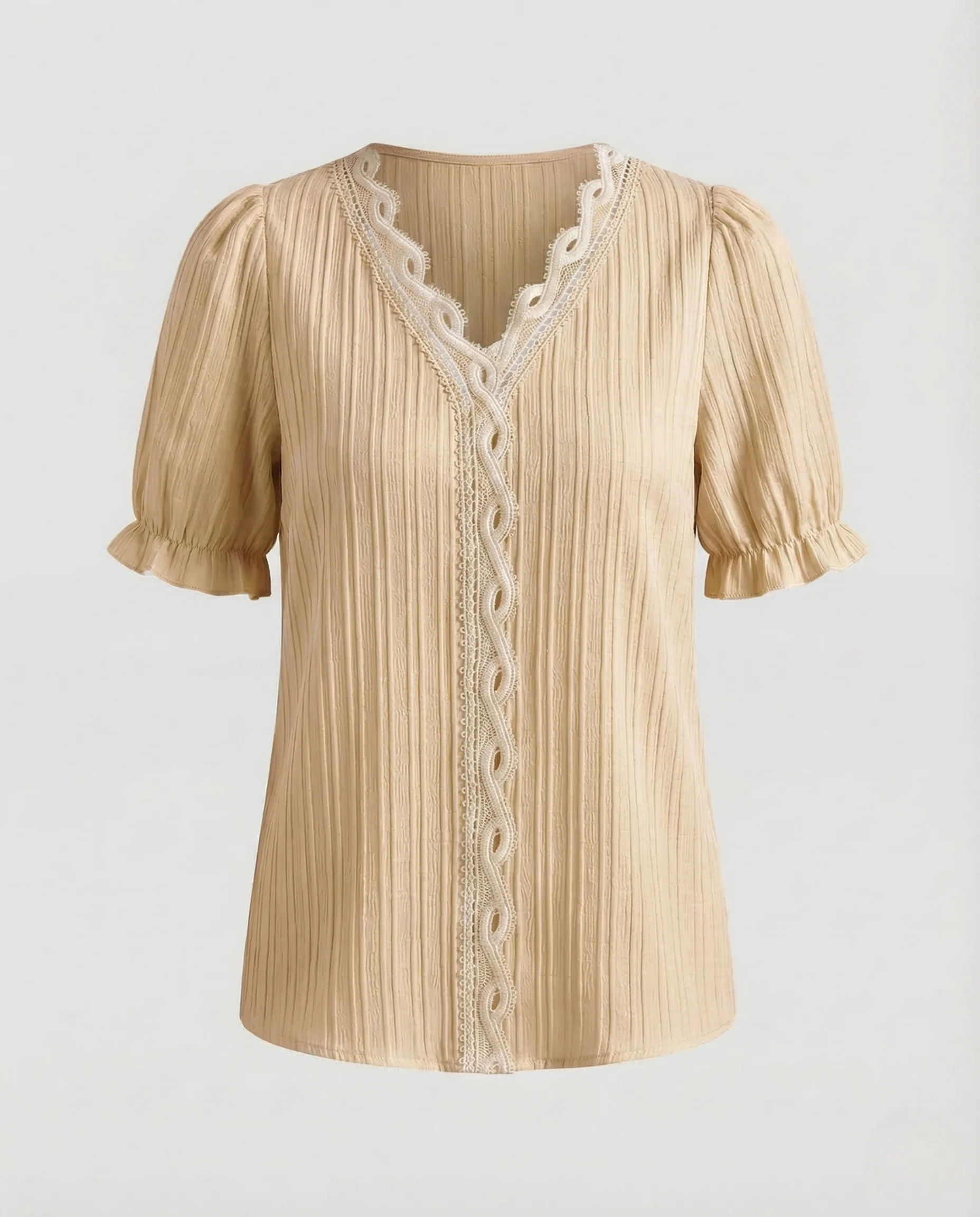 Damen Plissee Bluse Spitze Kurzarm - Image 11