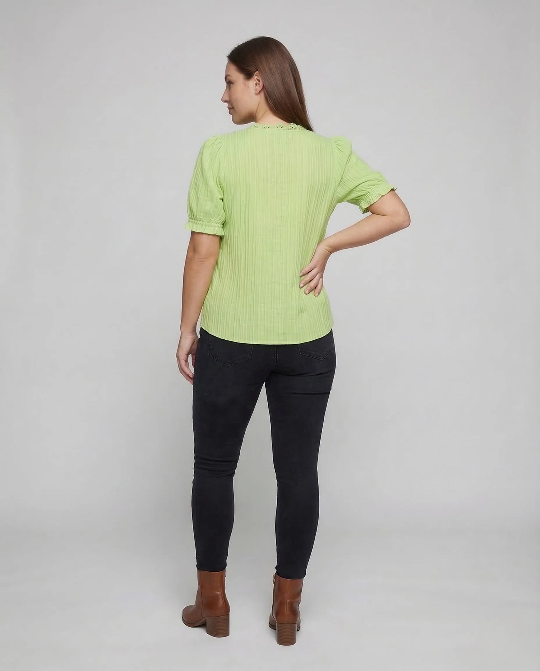 Damen Plissee Bluse Spitze Kurzarm - Image 4