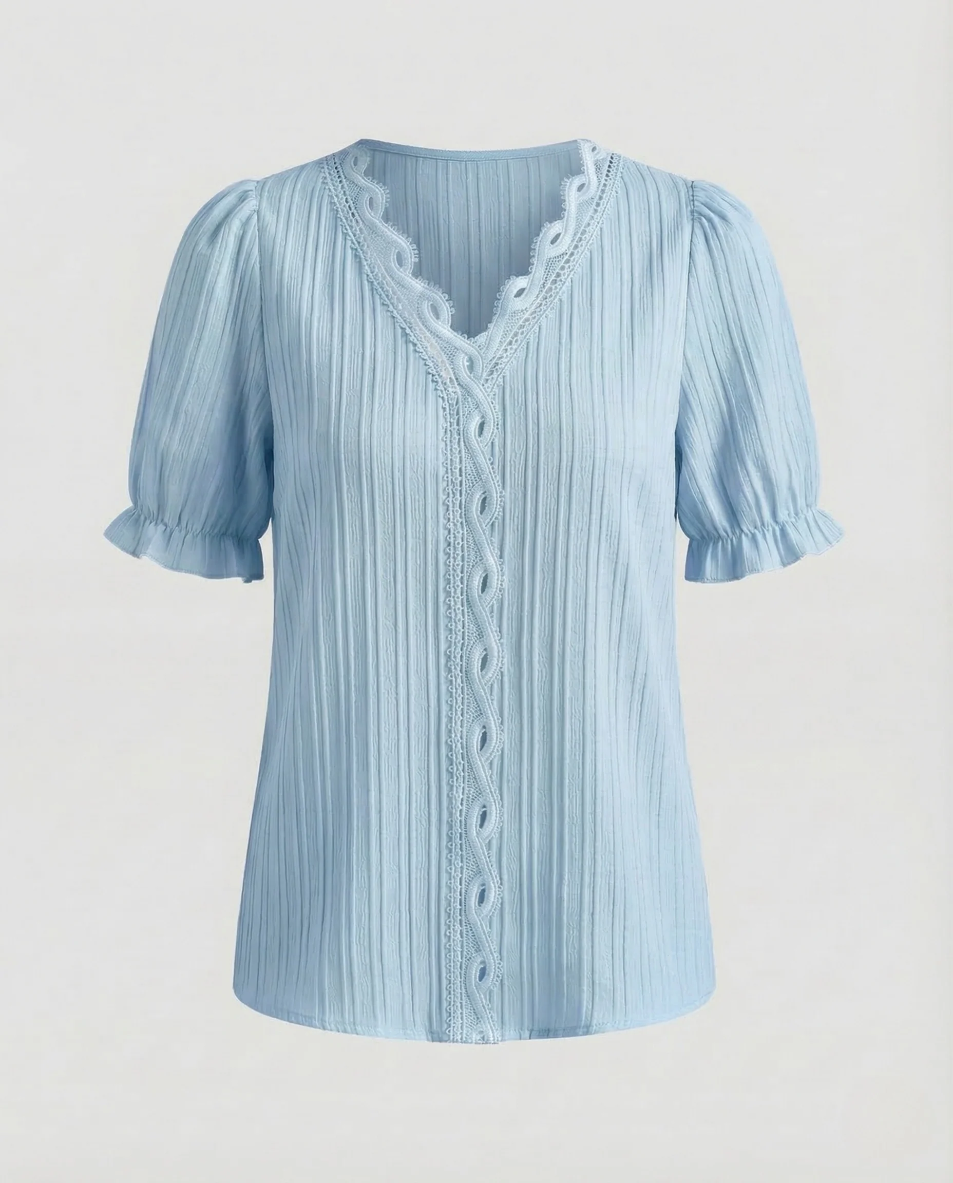 Damen Plissee Bluse Spitze Kurzarm - Image 9
