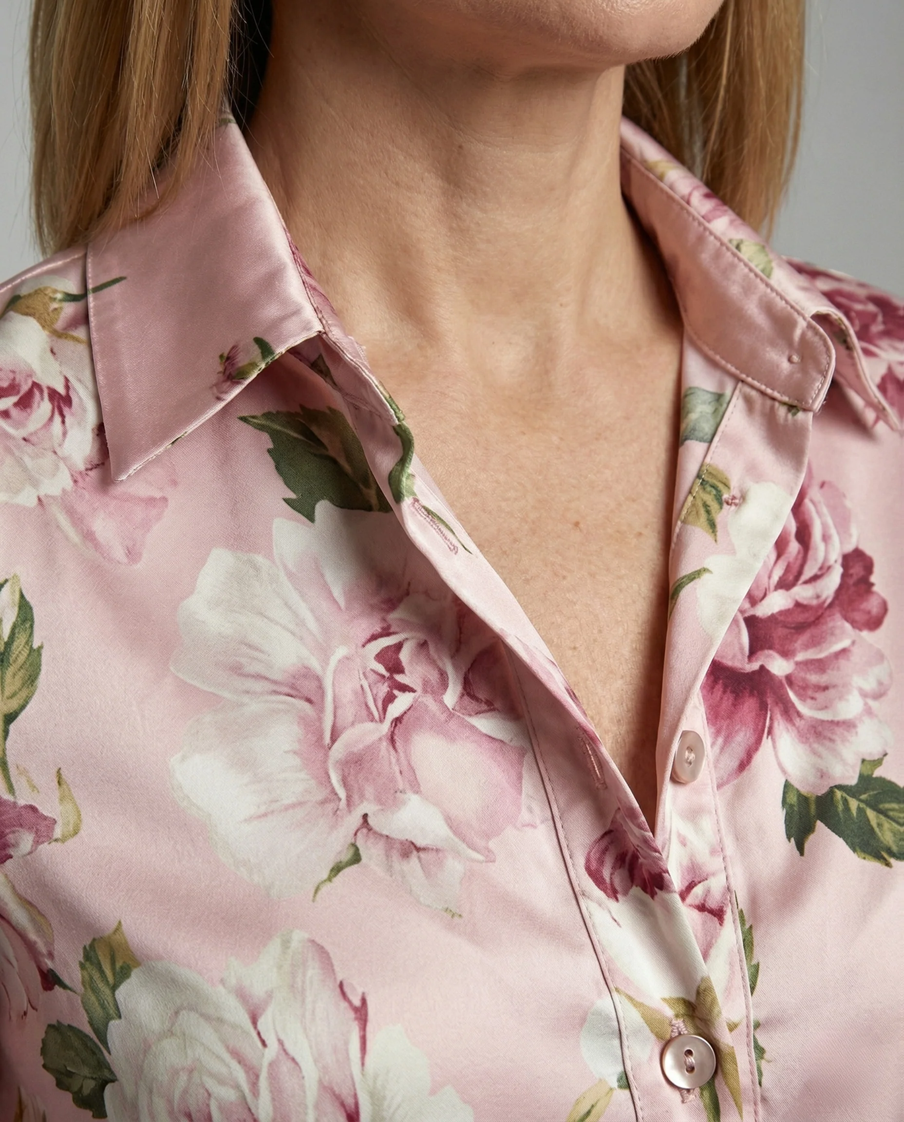 Satin Hemdbluse Damen Blumenmuster Tailliert - Image 4