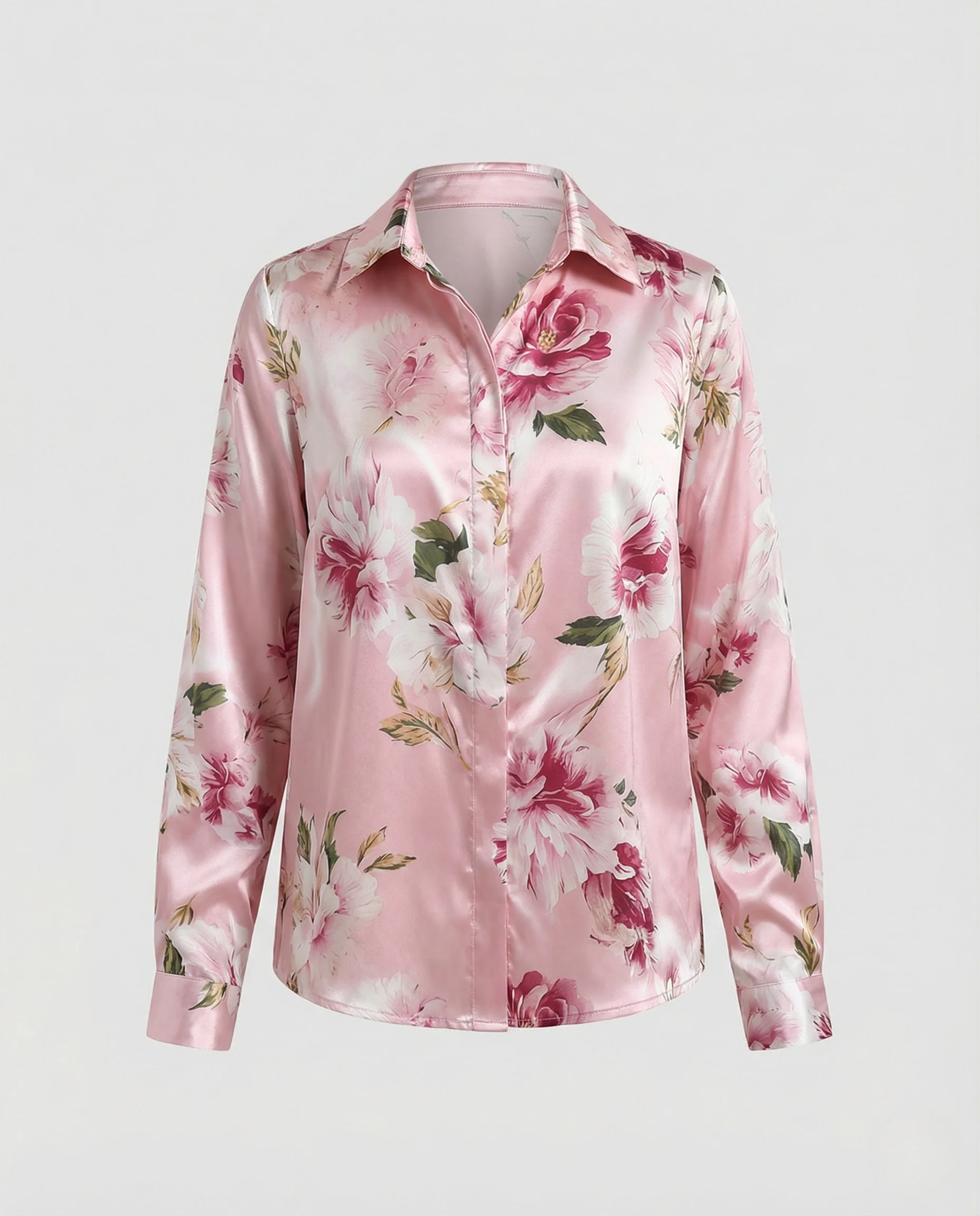 Satin Hemdbluse Damen Blumenmuster Tailliert - Image 5