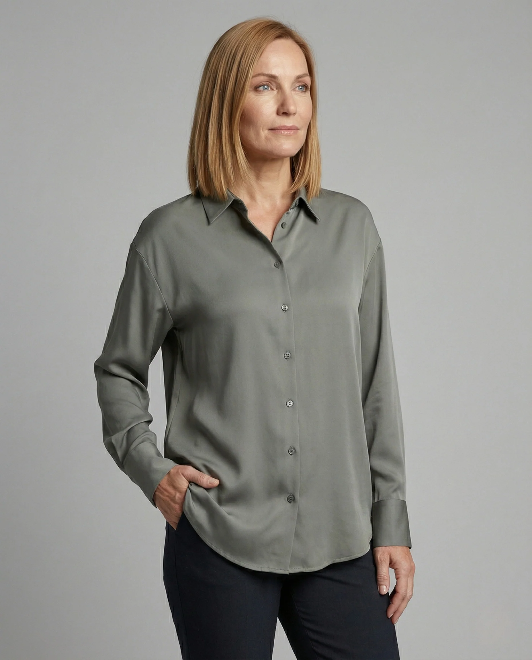 Bluse Damen Satin Hemdkragen - Image 2