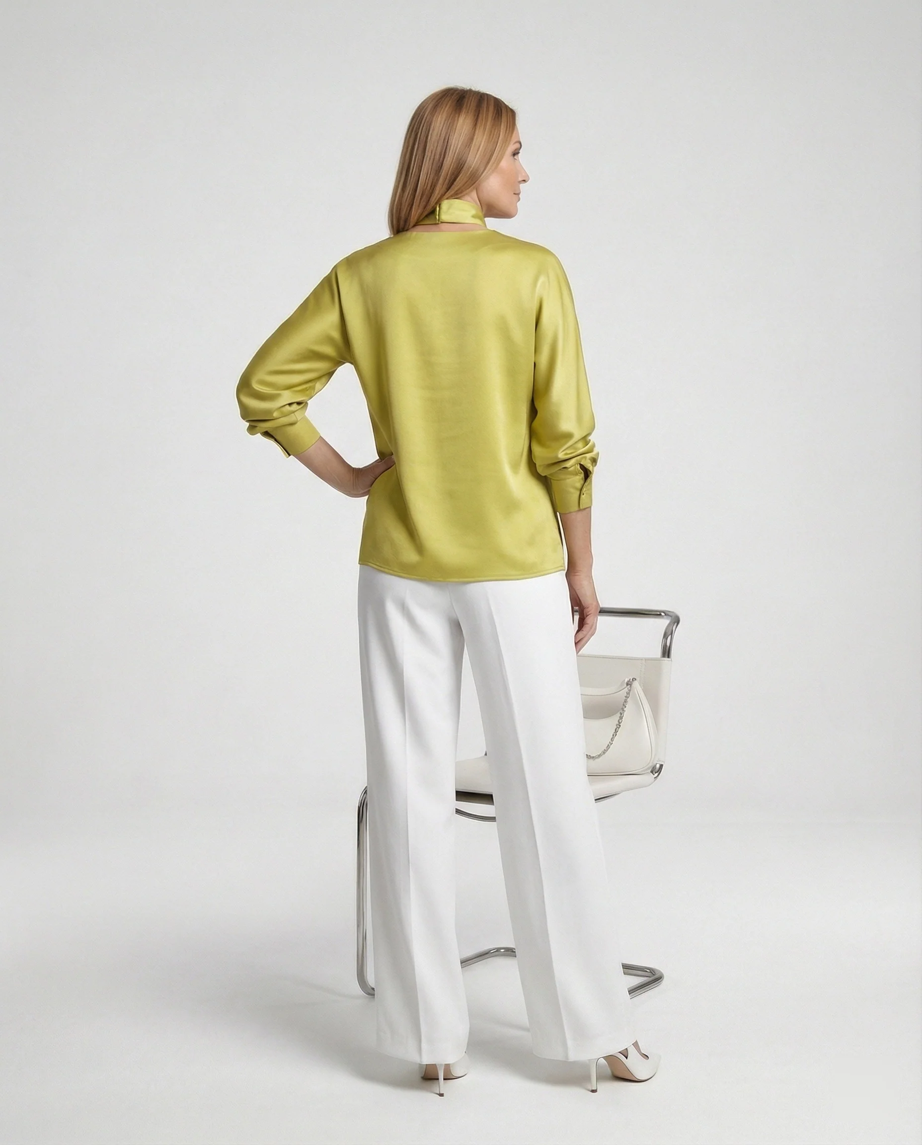 Damen Satinbluse elegant mit Stehkragen - Image 5