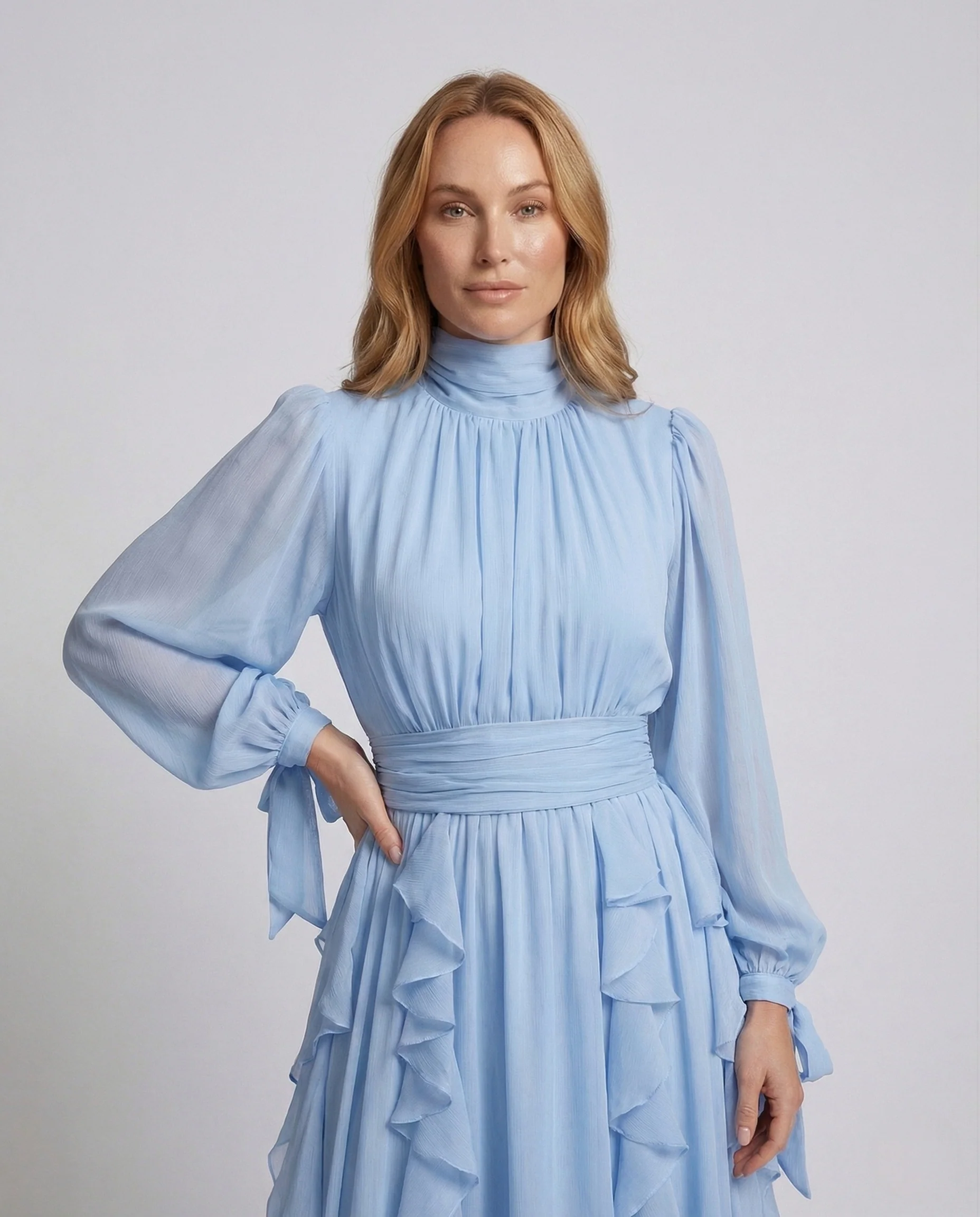 Damen Abendkleid Stehkragen Puffärmel Gürtel - Image 2