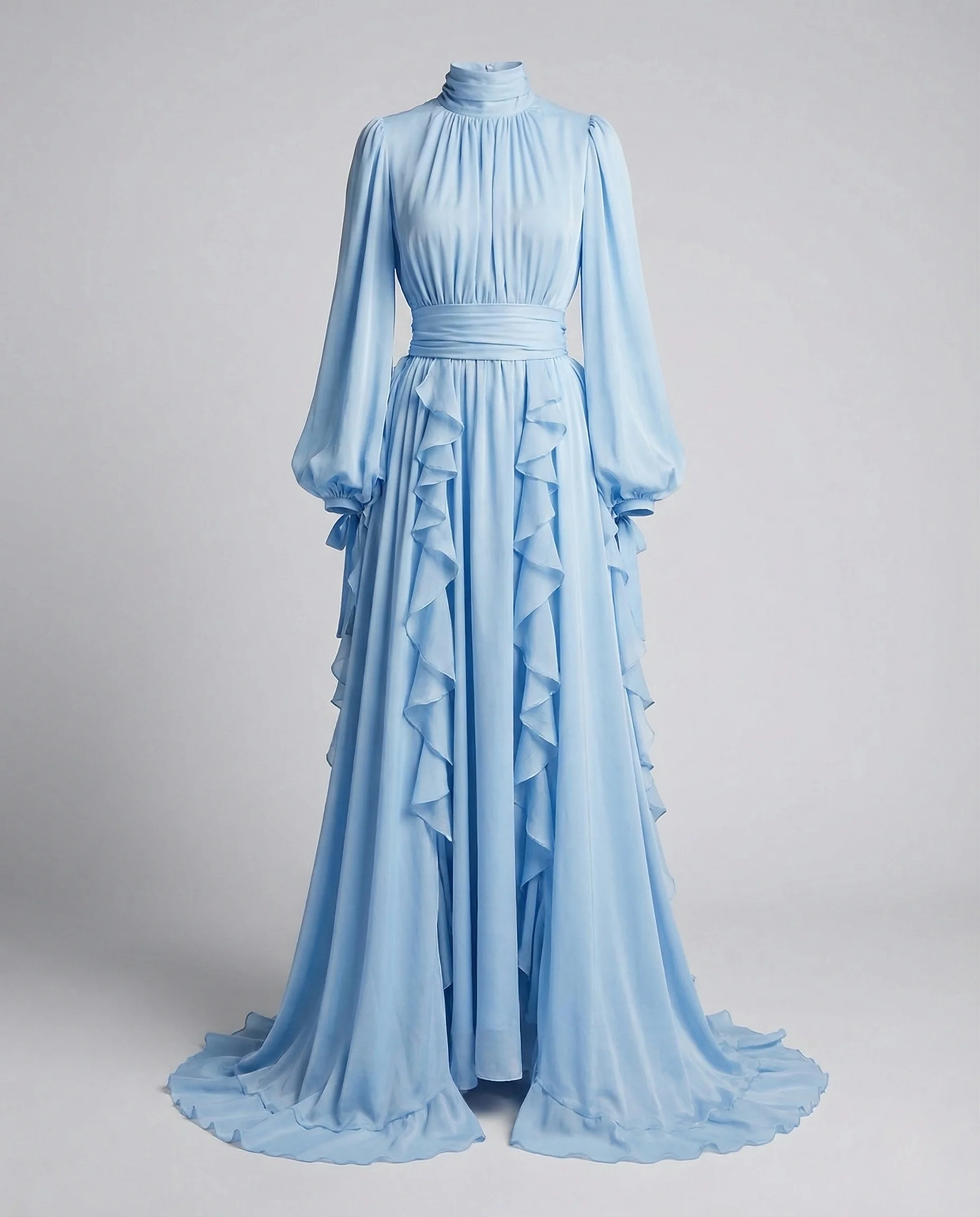 Damen Abendkleid Stehkragen Puffärmel Gürtel - Image 5